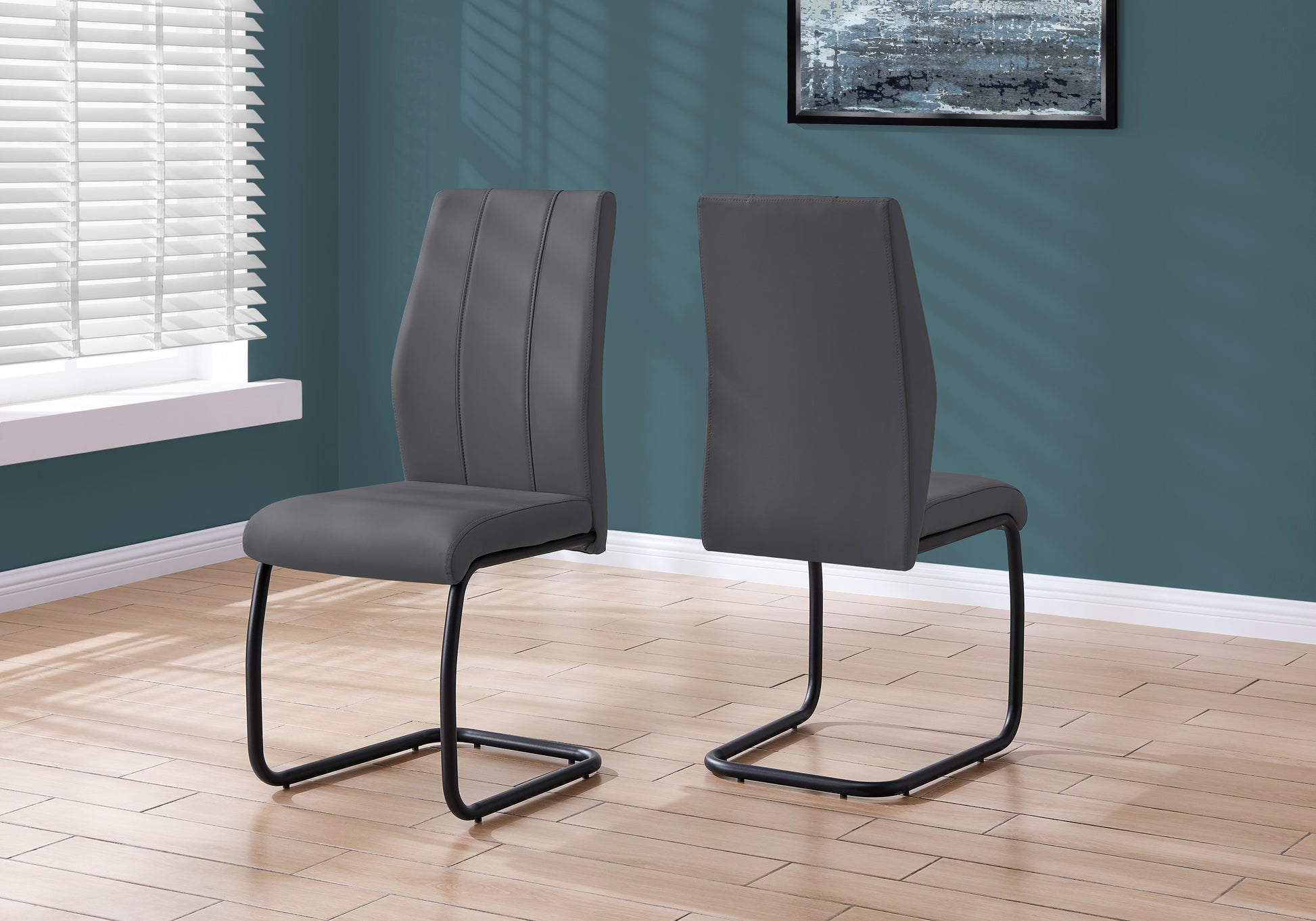 Dining Chair, Set Of 2, Side, Upholstered, Kitchen, Dining Room, 39" Height, Grey Leather Look, Black Metal, Contemporary, Modern Grey Foam Faux Leather