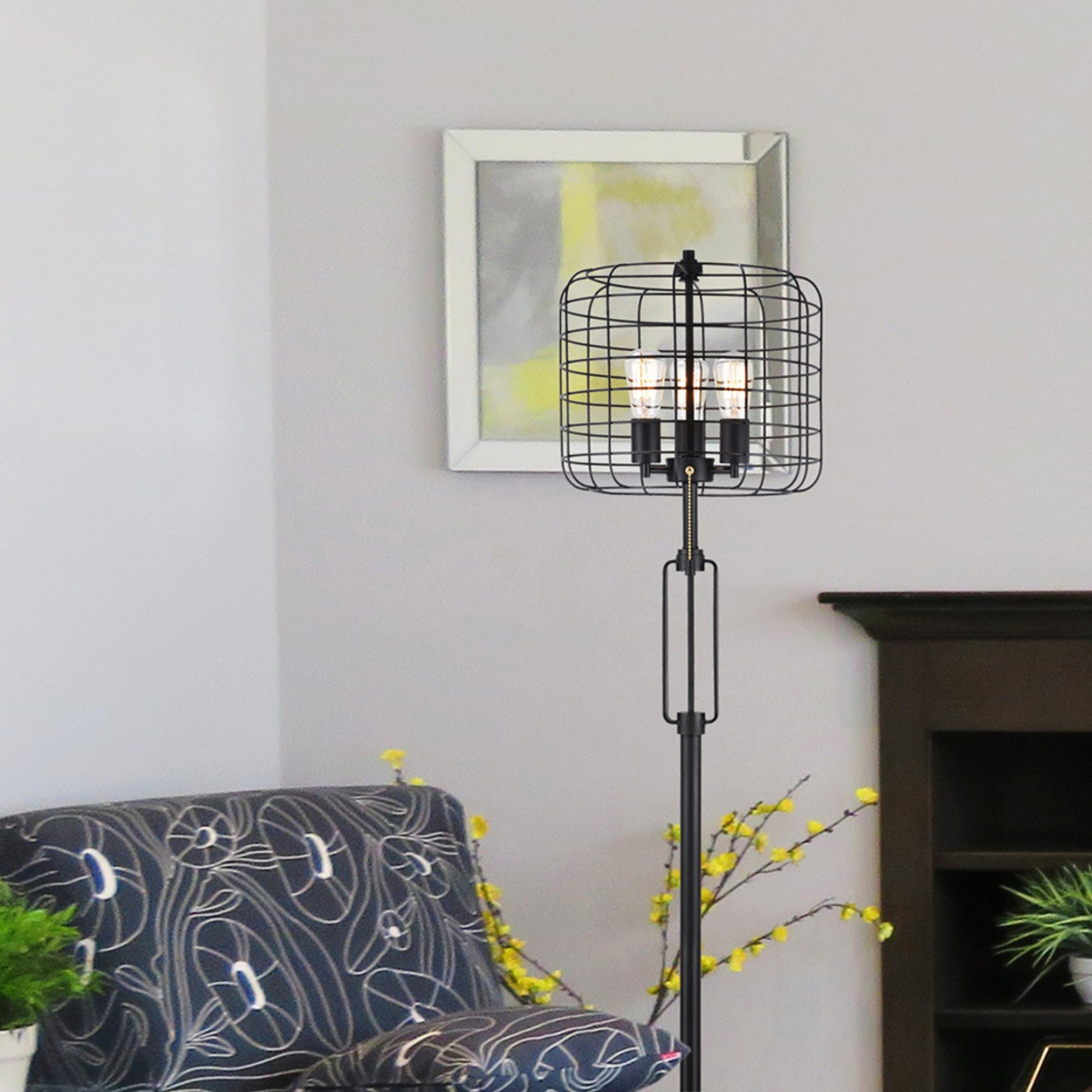 63" Tall "Edison" 3 Light Floor Lamp, Industrial Cage Design, Powder Coated Black Metal