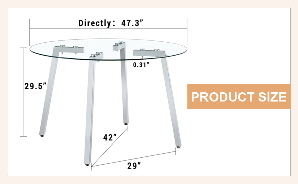 Modern Luxurious Round Tempered Glass Dining Table With Silver 7 Shaped Metal Legs,Suitable For Family Meals, Office Conferences, Or As A Casual Coffee Table For Various Occasions.47.3*47.3*29.5