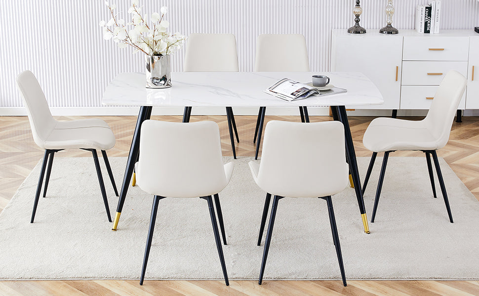 Table And Chair Set, White Imitation Marble Texture Rock Board Table Top, Black Metal Table Legs.Paired With 6 White Artificial Leather Backrest Cushion Dining Chairs With Black Metal Legs. White Black Seats 6 Metal