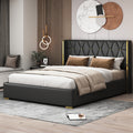 Queen Size Upholstered Platform Bed With Metal Strips, Black Queen Black Pu