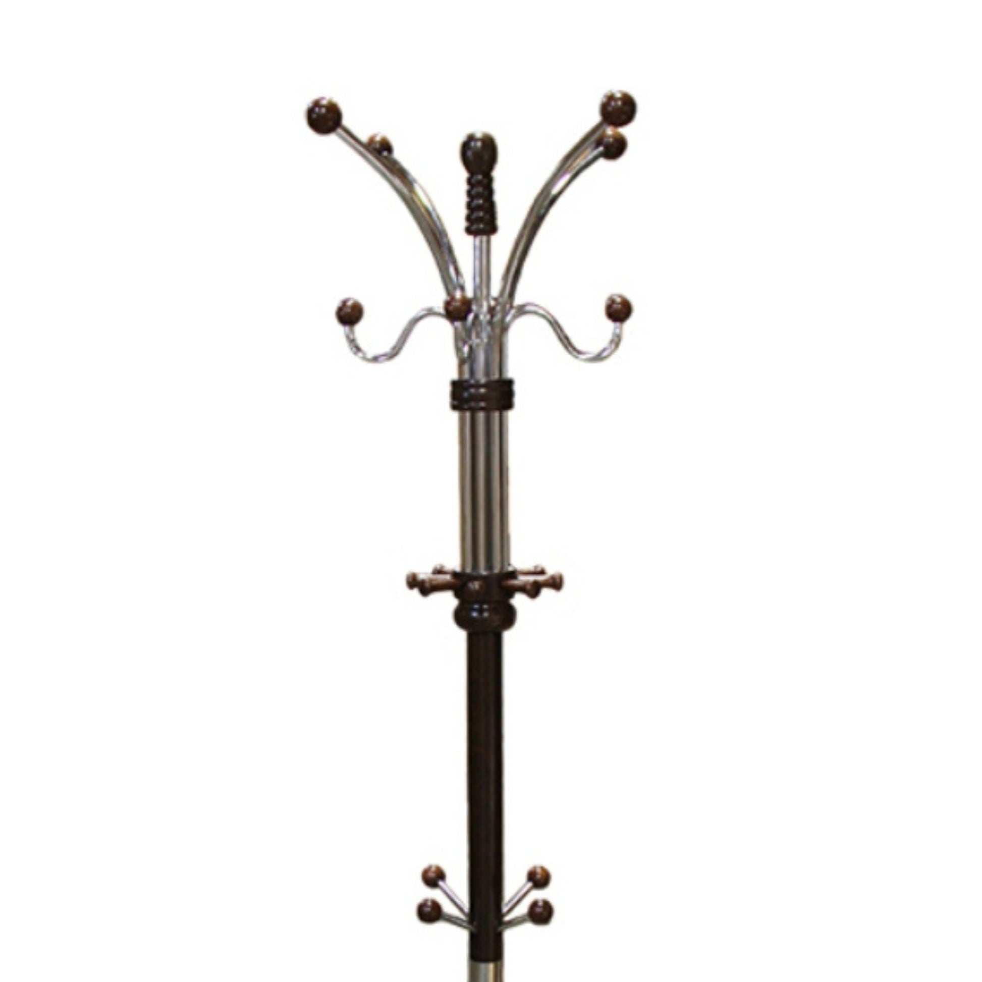 73" Tall Chrome And Wood Coat Rack, Espresso Finish Multicolor Wood