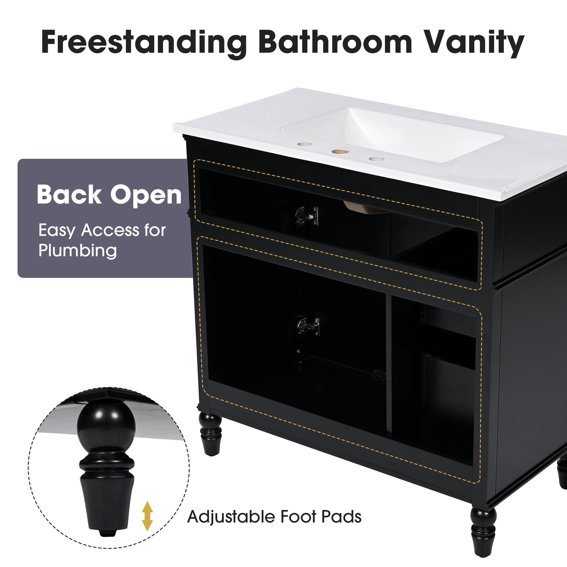 36" Bathroom Vanity With Sink, Black Bathroom Cabinet With Drawers, Solid Frame And Mdf Board, One Package Black Solid Wood Mdf