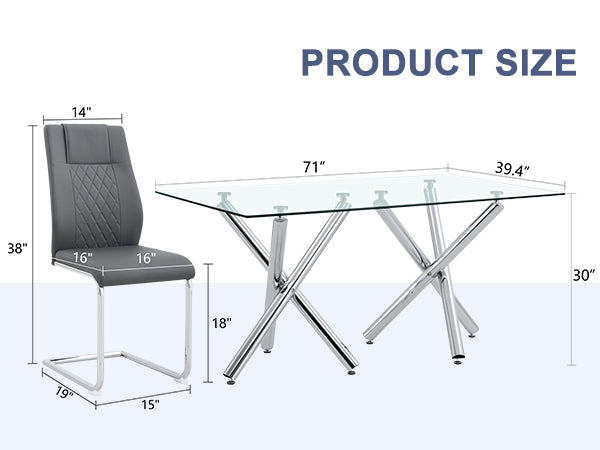 Table And Chair Set.Large Minimalist Rectangular Glass Dining Table For 6 8 With 0.39" Tempered Glass Tabletop And Silver Chrome Metal Legs.Paried With Comfortable Chairs With Pu Seats And Metal