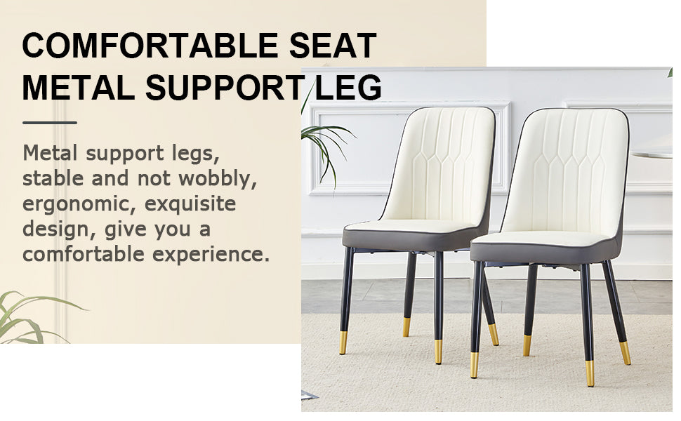 Table And Chair Set.Modern Rectangular Dining Table With Black Textured Stickers Glass Tabletop And Gold Plated Metal Legs.Paried With 4 Comfortable Chairs With Pu Seats And Black Metal Legs. Black Gold,White,White Gray Seats 4 Glass Metal