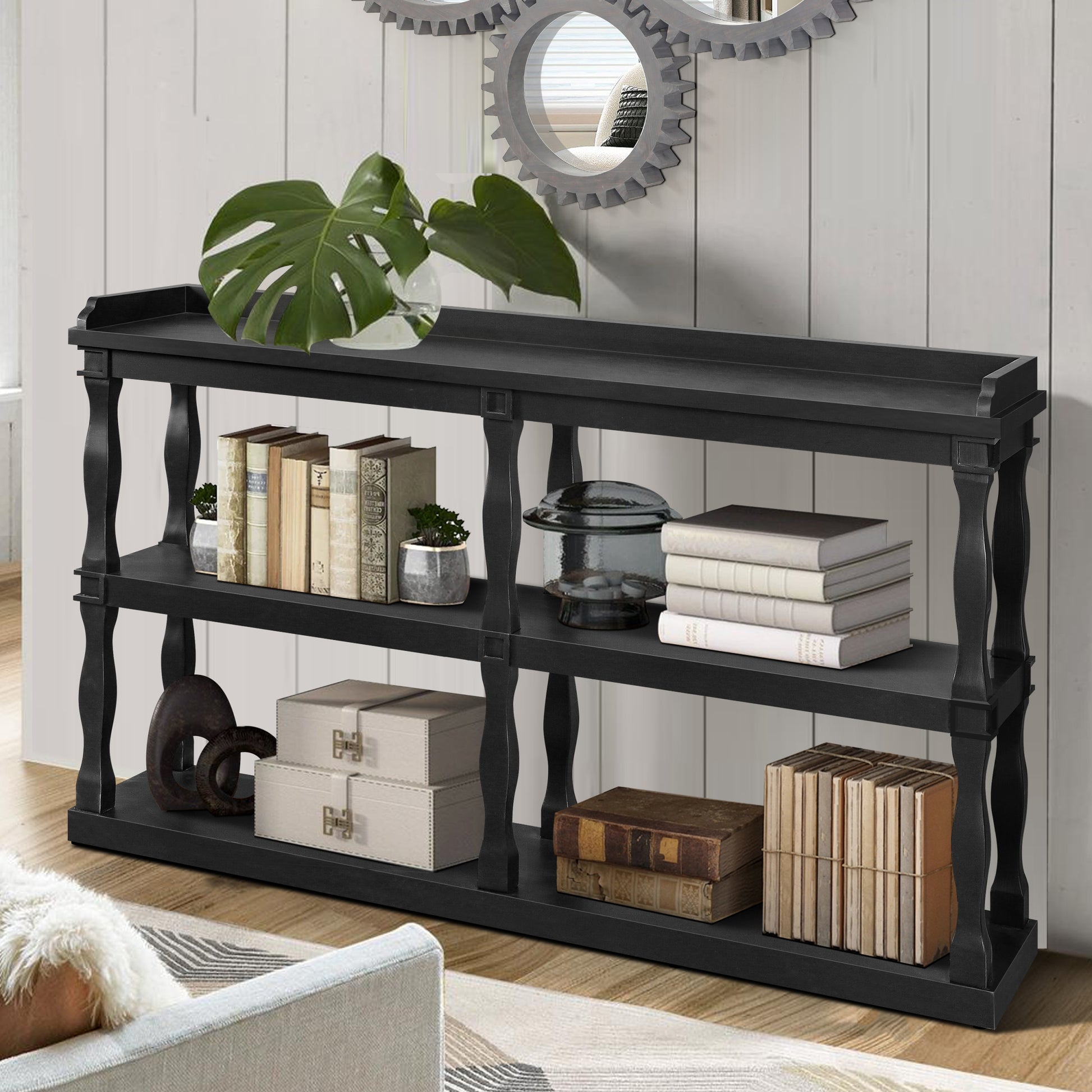 Console Table With 3 Tier Open Storage Spaces And Roman Column Effect Support Legs,Narrow Sofa Entry Table For Living Room, Entryway And Hallway Black Black Primary Living Space Floor Mount Console Tables Glossy Mdf Mdf