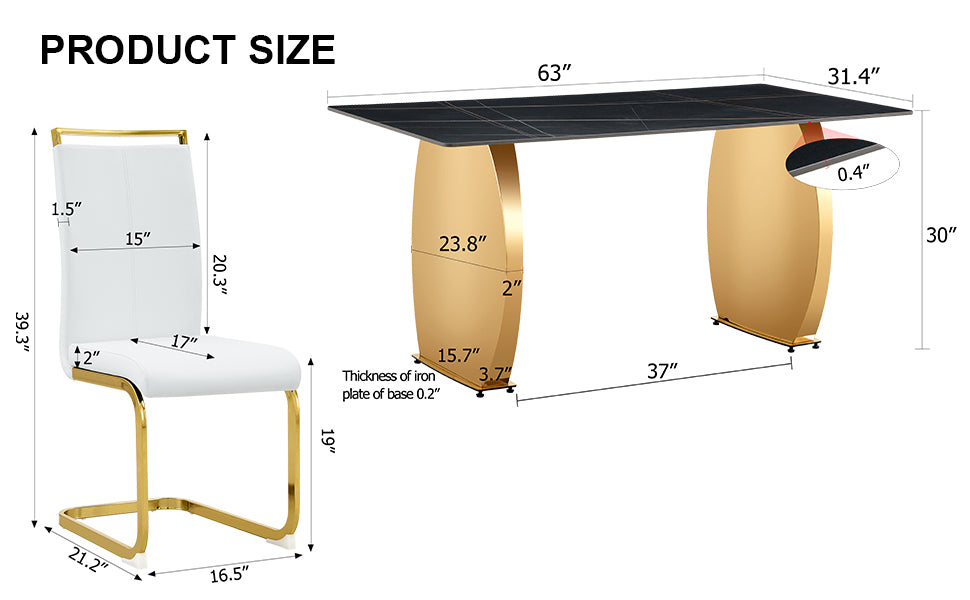 Table And Chair Set,Modern Rectangular Table With 0.4 Inch Black Patterned Tabletop And Gold Legs, Suitable For Kitchen, Dining Room, And Living Roomcomfortable Pu Seats,Perfect For Dinner, Meet White Black Seats 6 Sintered Stone