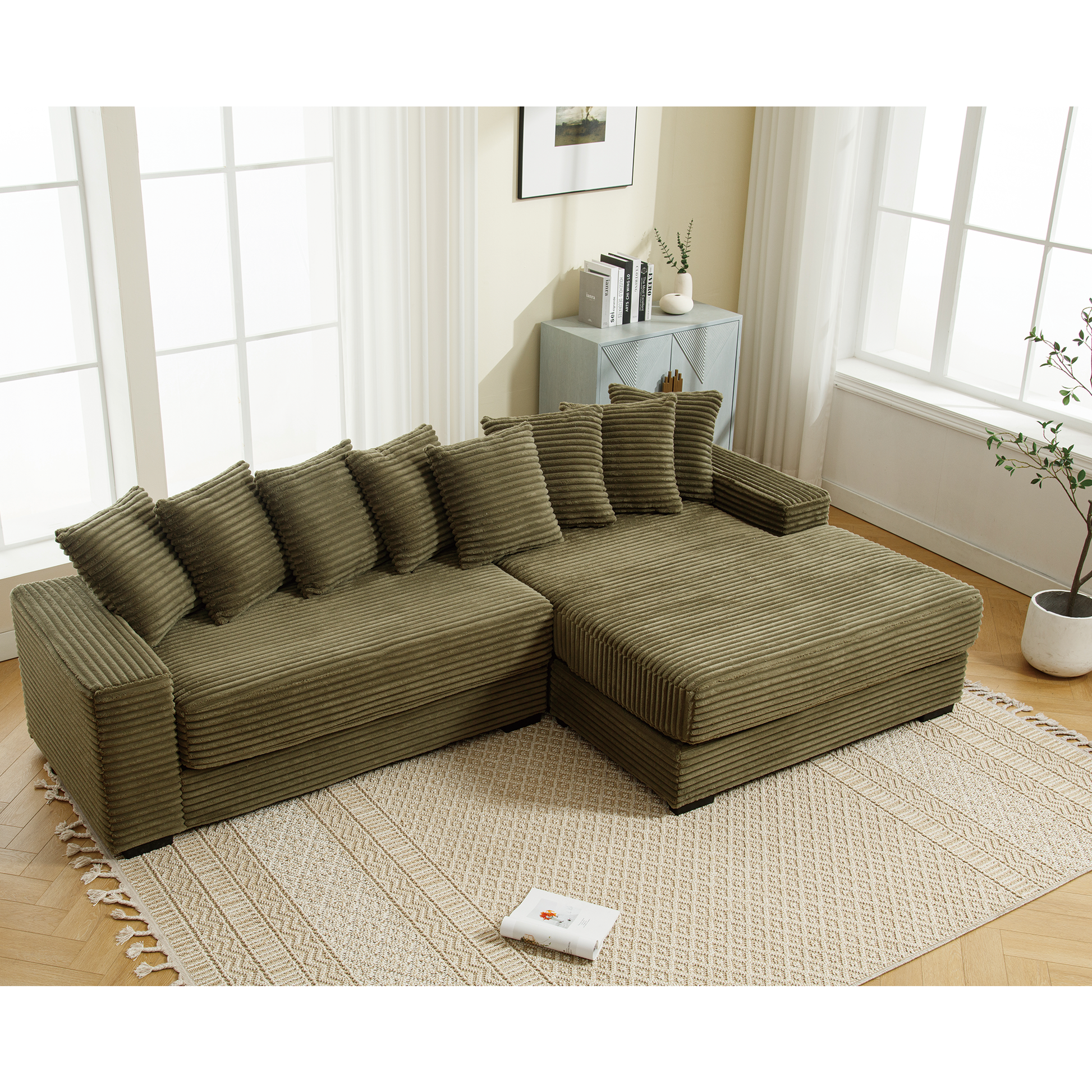 Arrived Oversized Two Piece Couches, L Shaped Sofa, Corduroy, Right Chaise Daybed,With Armrests,Eight Throw Pillows,Corner Sofa,Easy To Assemble, Green Green Polyester Wood Primary Living Space