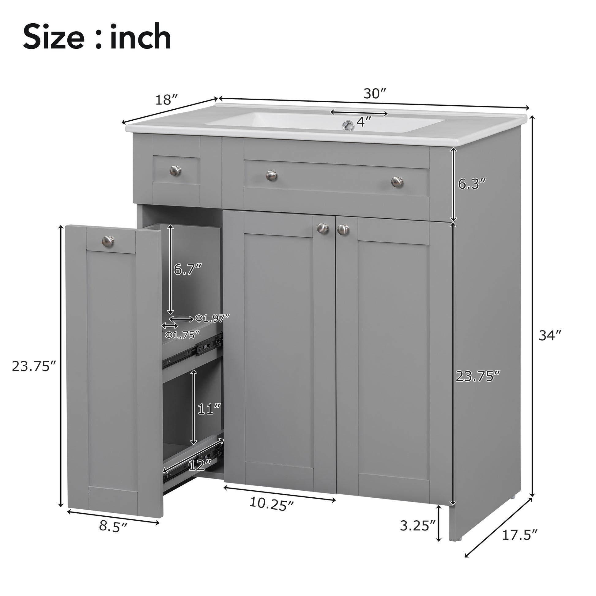 30 Inch Grey Bathroom Vanity With Ceramic Sink Combo, Abundant Storage Cabinet 2 Soft Close Doors And Double Tier Deep Drawer Grey Bathroom Mdf