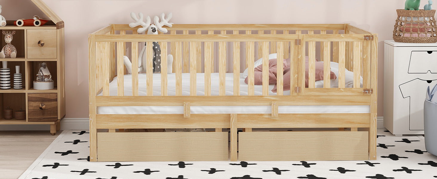 Full Size Wood Daybed With Fence Guardrails And 2 Drawers, Split Into Independent Floor Bed & Daybed, Natural Old Sku :Lp000882Aan Full Natural Solid Wood Mdf