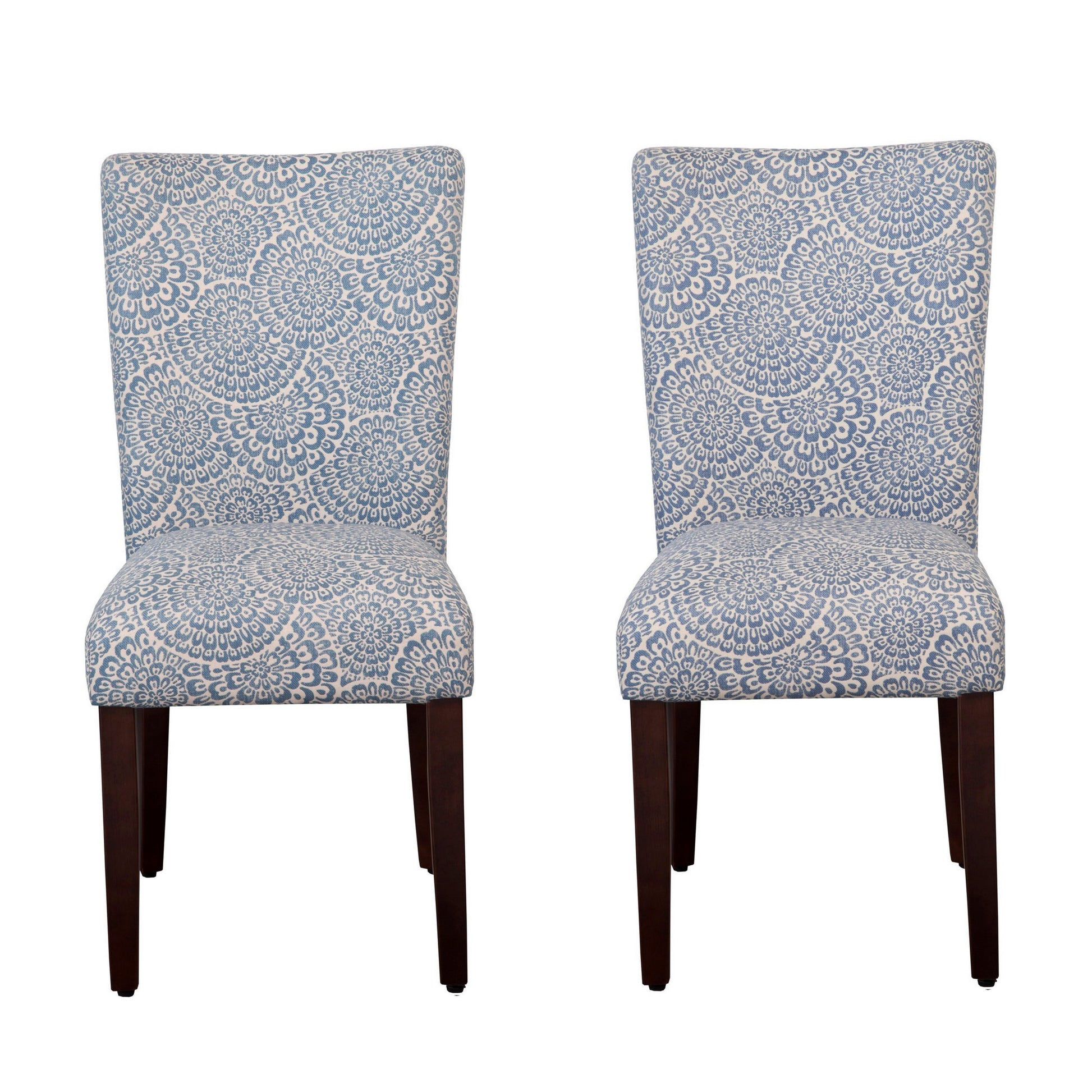 Wooden Parson Dining Chairs With Floral Patterned Fabric Upholstery, Blue And White, Set Of Two Blue Wood Fabric