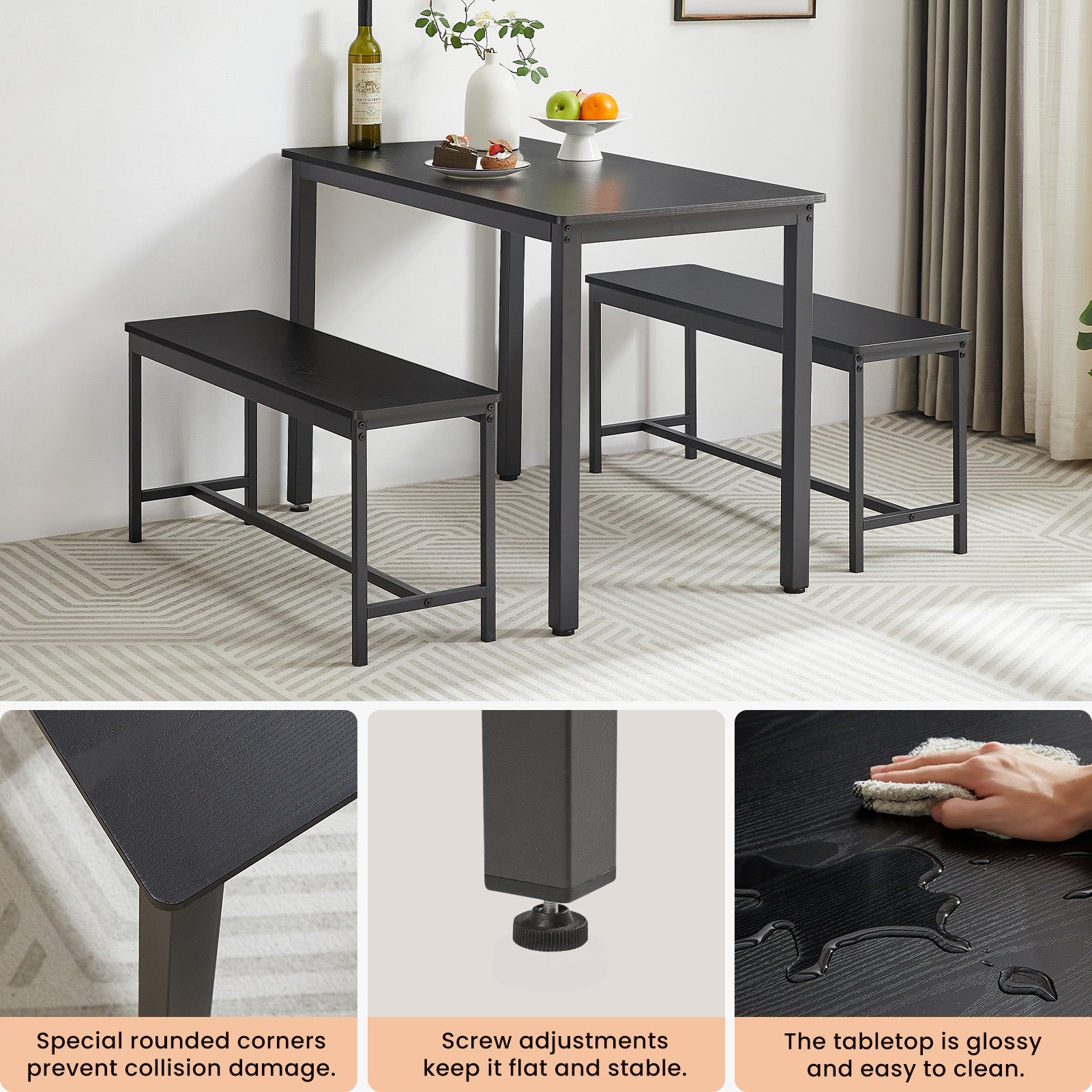 Dining Table Set, Bar Table With 2 Dining Benches, Kitchen Table Counter With Chairs, Industrial For Kitchen Breakfast Table, Living Room, Party Room, Black43.3 L X23.6 W X 29.9 H Black Particle Board