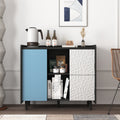 Sideboard Buffet Cabinet, Black Storage Cabinet With Red Doors2 Drawers With Unique Panel Styling And 2 Open Storage Compartment, Modern Coffee Bar Cabinet Accent Cabinet For Kitchen, Dining Room Black Blue Mdf