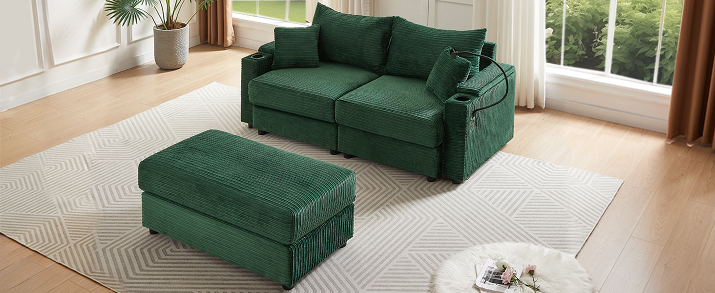 72.8" Modern Style Loveseat Sofa Sectional Sofa Couch With Storage Space, A Movable Ottoman, Two Usb Ports, Two Cup Holders, A Phone Holder For Living Room, Green Green Foam Corduroy 3 Seat