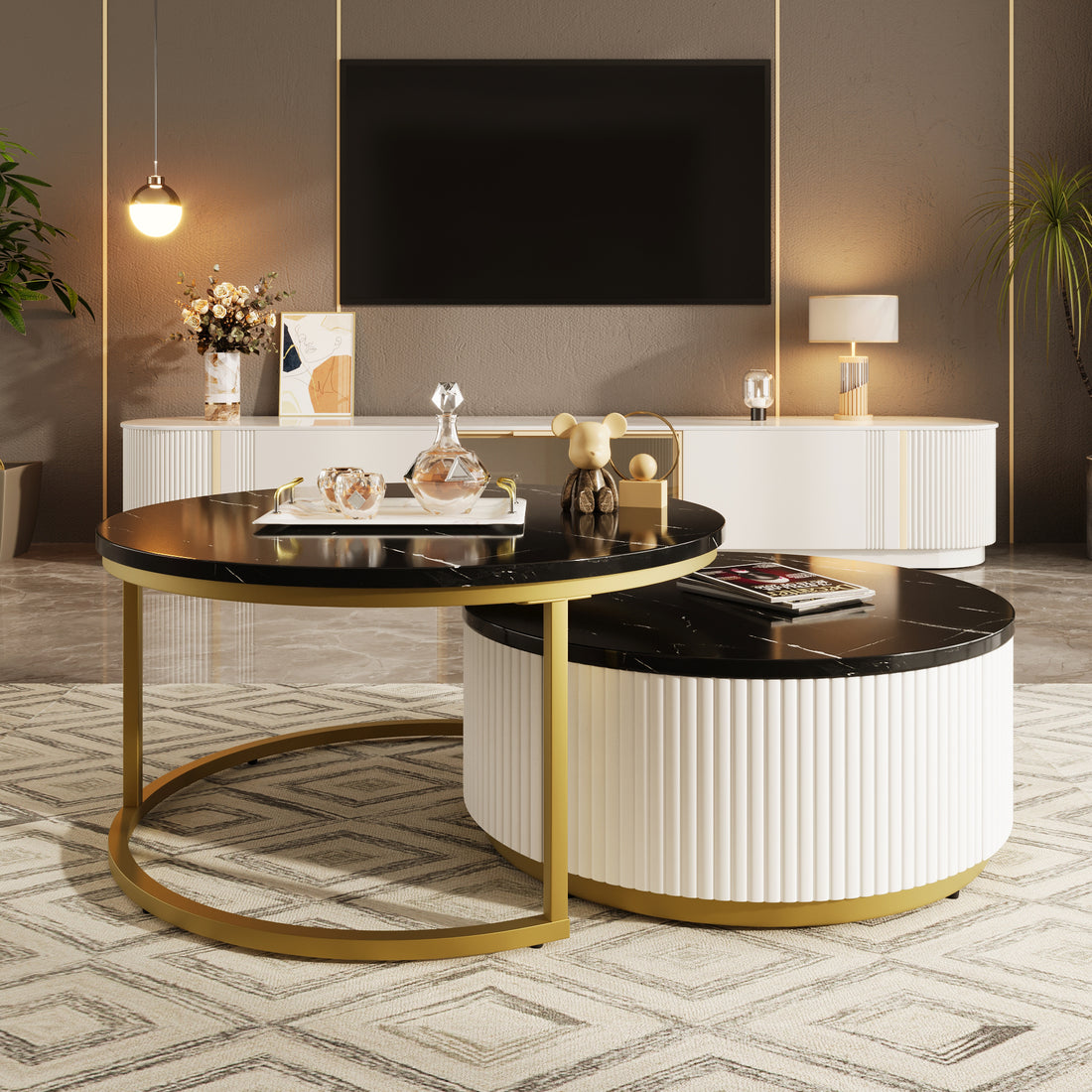 Modern Round Nesting Coffee Table Fluted With Drawer In Black & Gold In 31.5'' Golden Black Drawers Coffee & End Tables Glossy Round Metal Mdf Pedestal