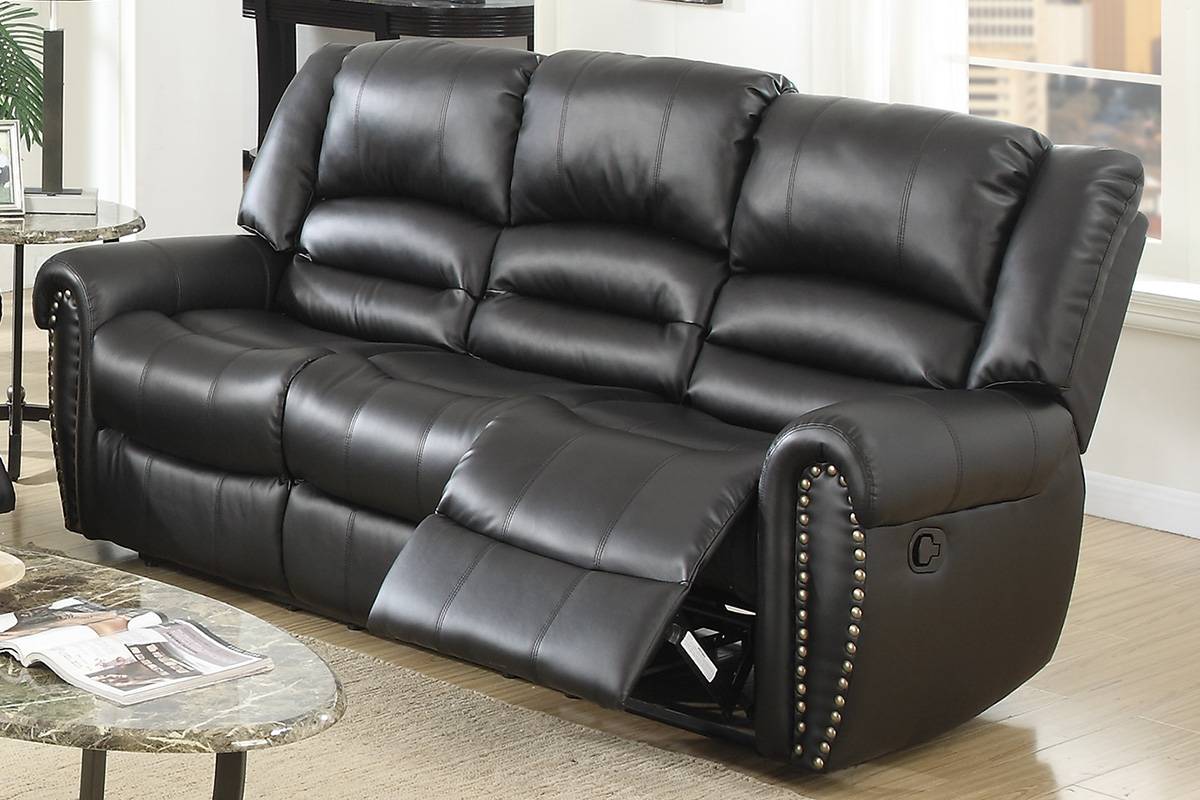 Plush Relax 1Pc Manual Motion Sofa Only Black Color Bonded Leather 3 Seat Couch Armrest Cushion Seating Living Room Furniture Black Faux Leather Metal Primary Living Space Cushion Back Contemporary,Modern Pillow Top Arms Metal 3 Seat