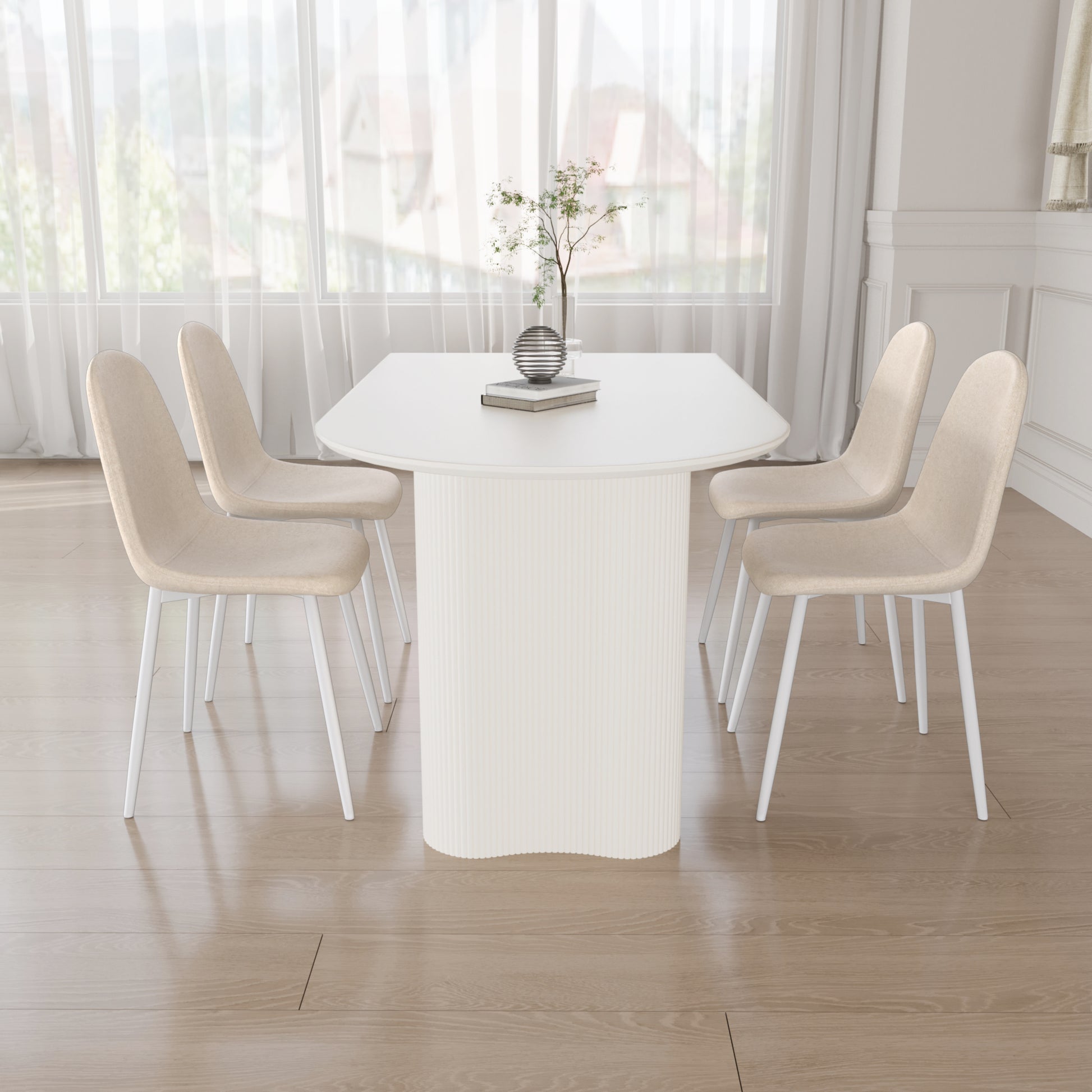 63 "Mdf Cream Style Coffee Table And Modern Dining Chair 4 Piece Set, Modern Fashion Kitchen Table Set, Round Wave Table Legs, Dining Table And Linen Chair Beige White Mdf