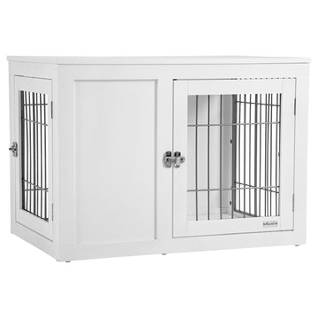 Pawhut Dog Crate Furniture Wire Indoor Pet Kennel Cage, End Table With Double Doors, Locks For Small And Medium Dog House, White White Steel