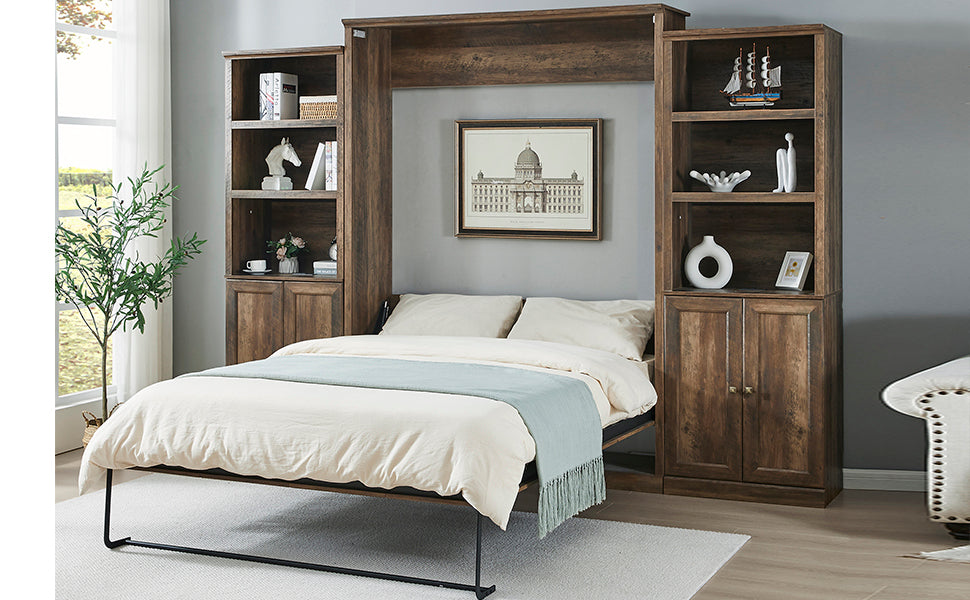 Queen Size Half Self Close And Open Murphy Bed With 2 Side Cabinet Storage Shelf, Cabinet Space Saving Bed Perfect For Guest Room, Bed Room, Guest Room, Home Office, Brown Box Spring Not Required Queen Brown Wood Brown Pine Murphy Solid Wood Mdf