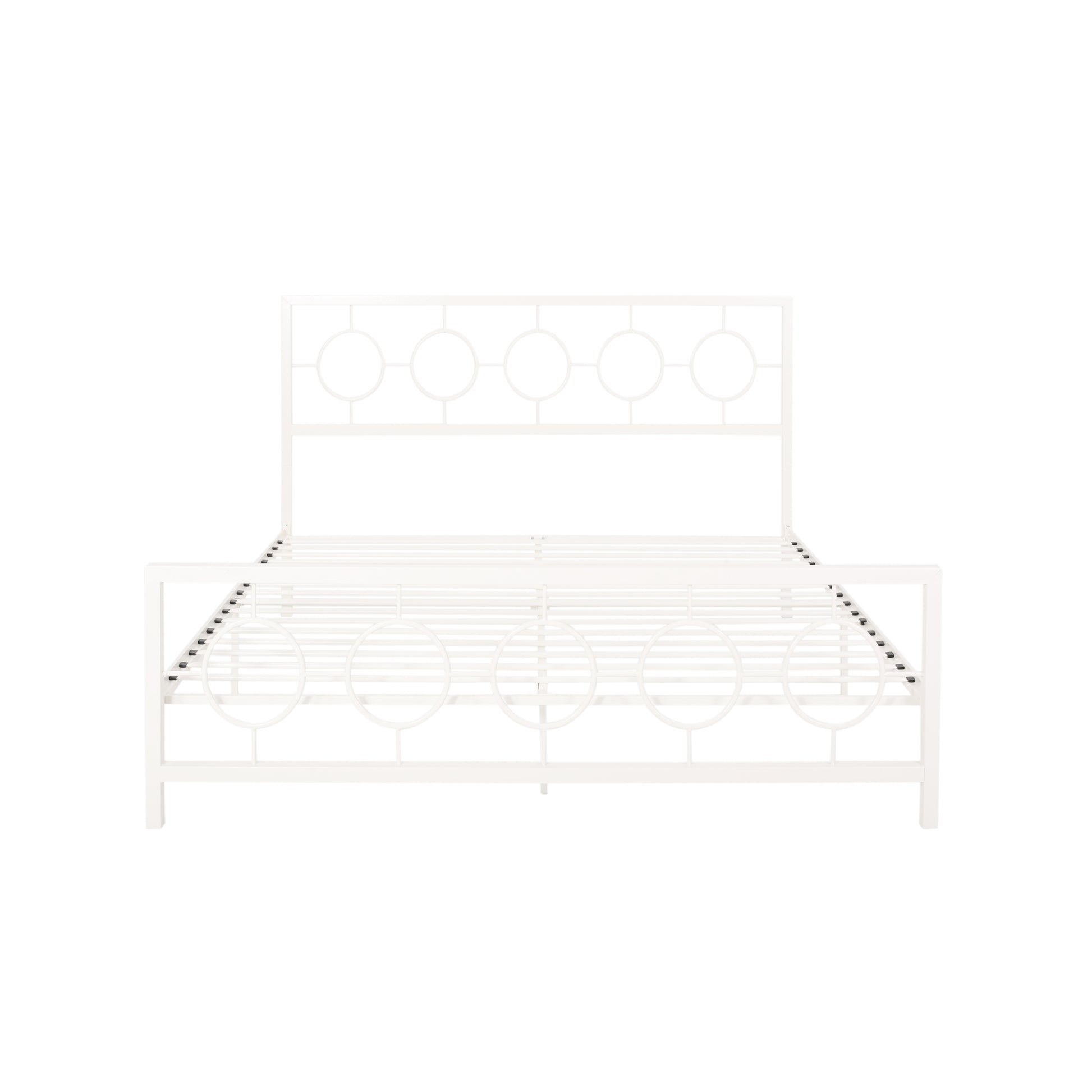 King Size Classical Metal Bed Frame With Circular Design Headboard And Footboard, Under Bed Space, White King White Iron