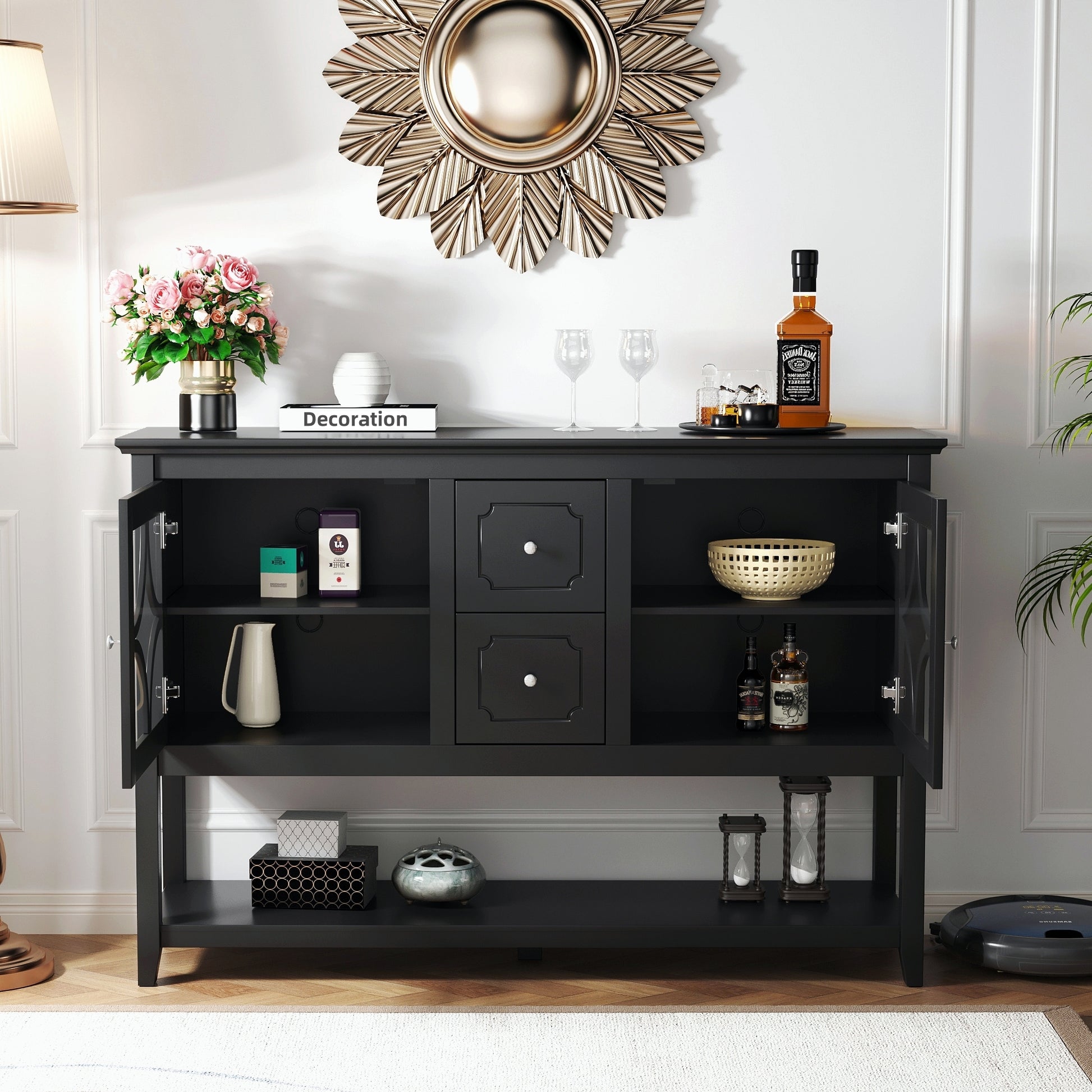 Sideboard Buffet Console Table, Media Cabinet With Adjustable Shelves, Black Black Primary Living Space Cabinets Included Mdf