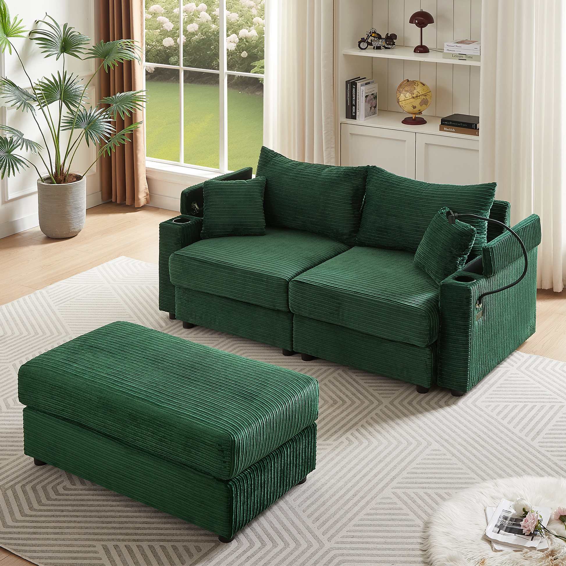 72.8" Modern Style Loveseat Sofa Sectional Sofa Couch With Storage Space, A Movable Ottoman, Two Usb Ports, Two Cup Holders, A Phone Holder For Living Room, Green Green Foam Corduroy 3 Seat