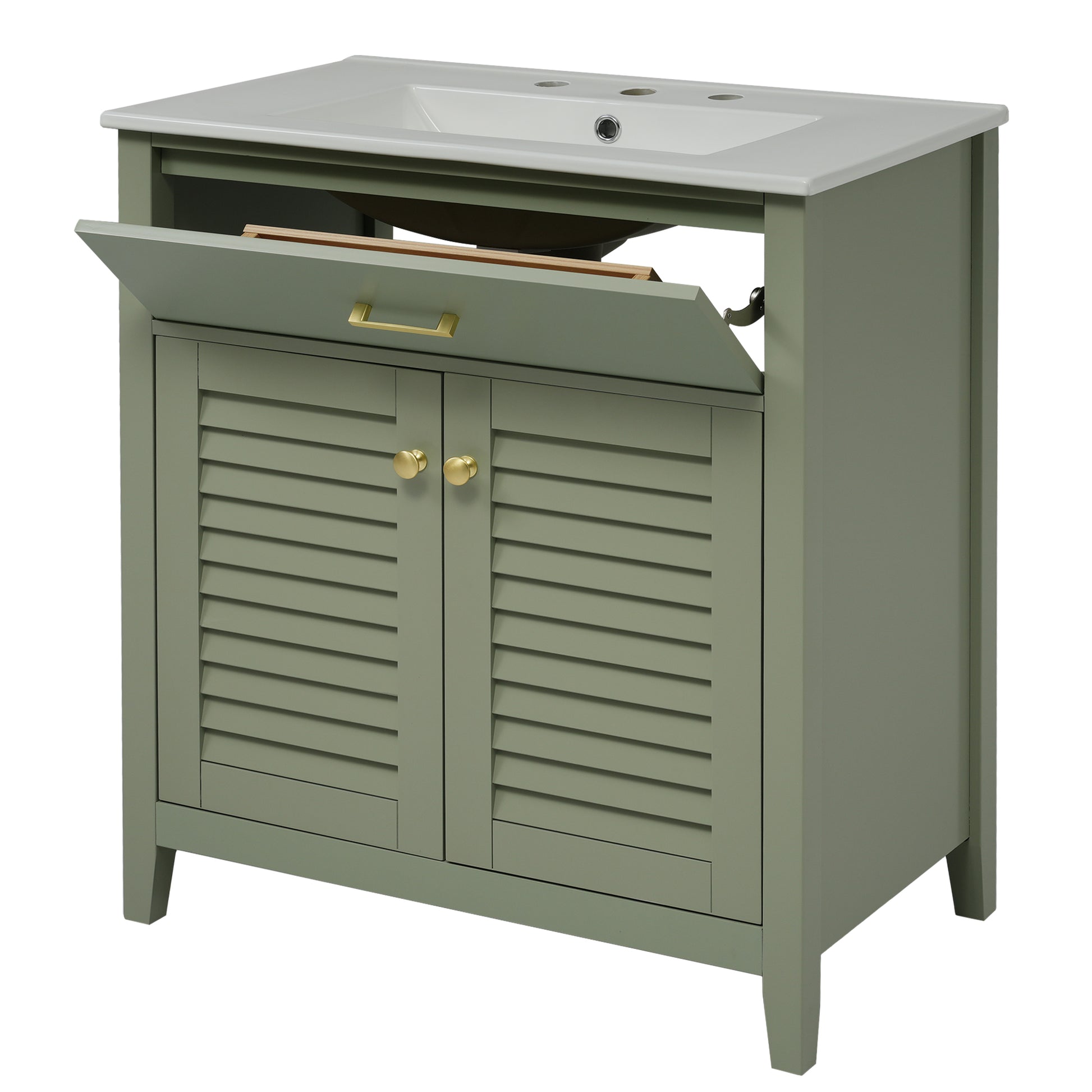 30 Inch Bathroom Vanity With Ceramic Sink Combination, Large Storage Features 1 Pullout And Multifunctional Shelf Dividers Green Bathroom Solid Wood Mdf