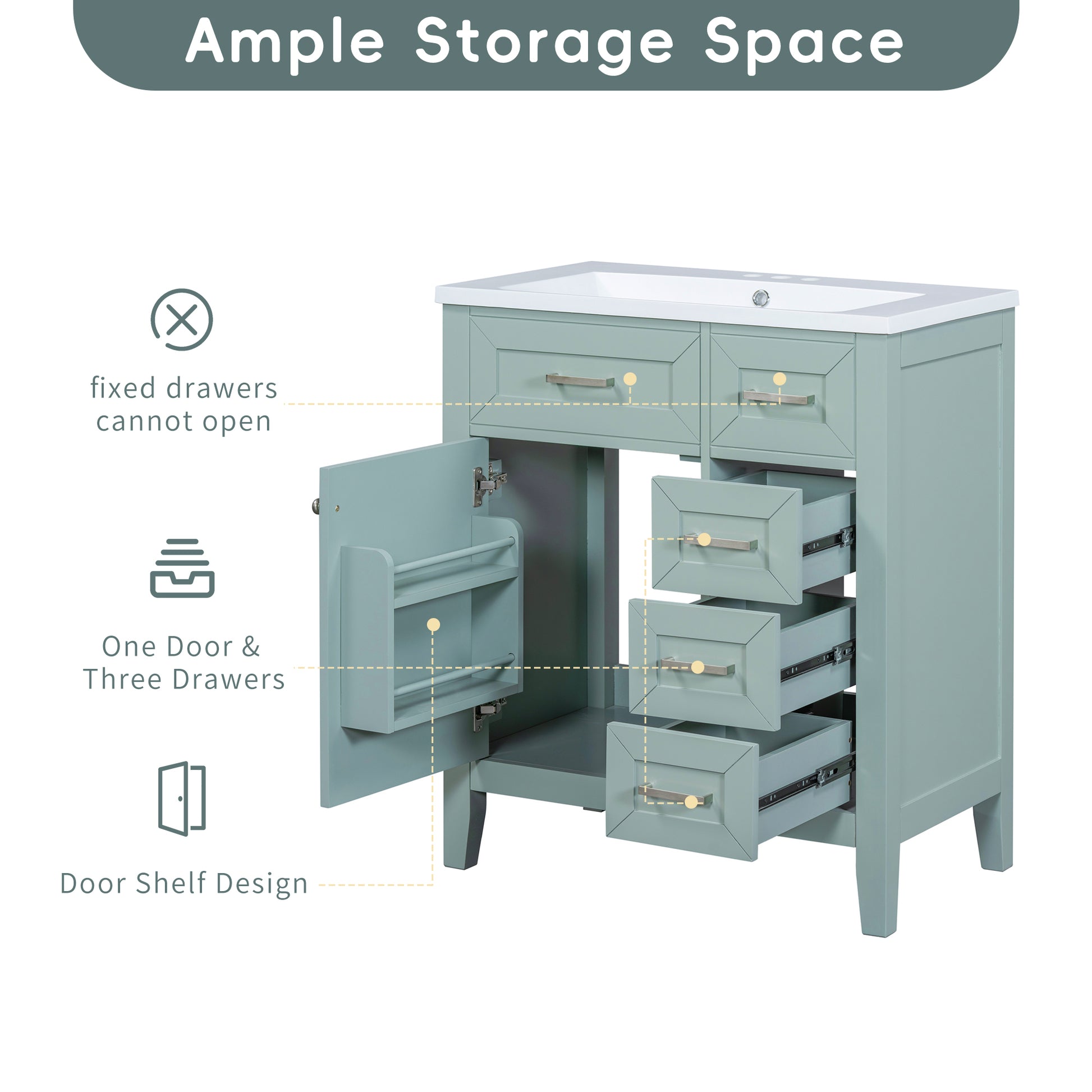 30" Bathroom Vanity With Sink Combo, Green Bathroom Cabinet With Drawers, Solid Frame And Mdf Board Green Solid Wood Mdf