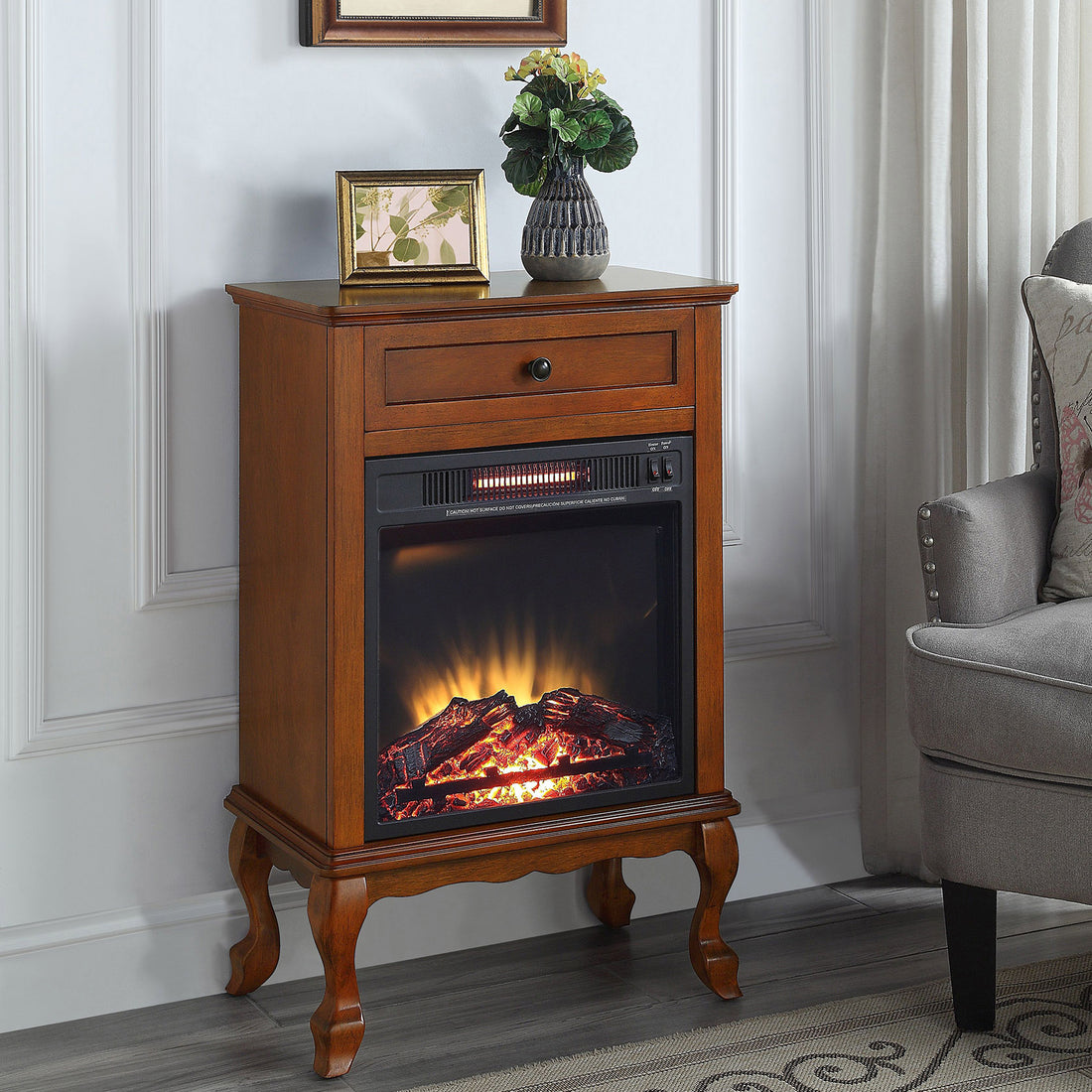 Walnut 1 Drawer Fireplace With Queen Ann Leg Electric Walnut Primary Living Space Freestanding Wood Electric