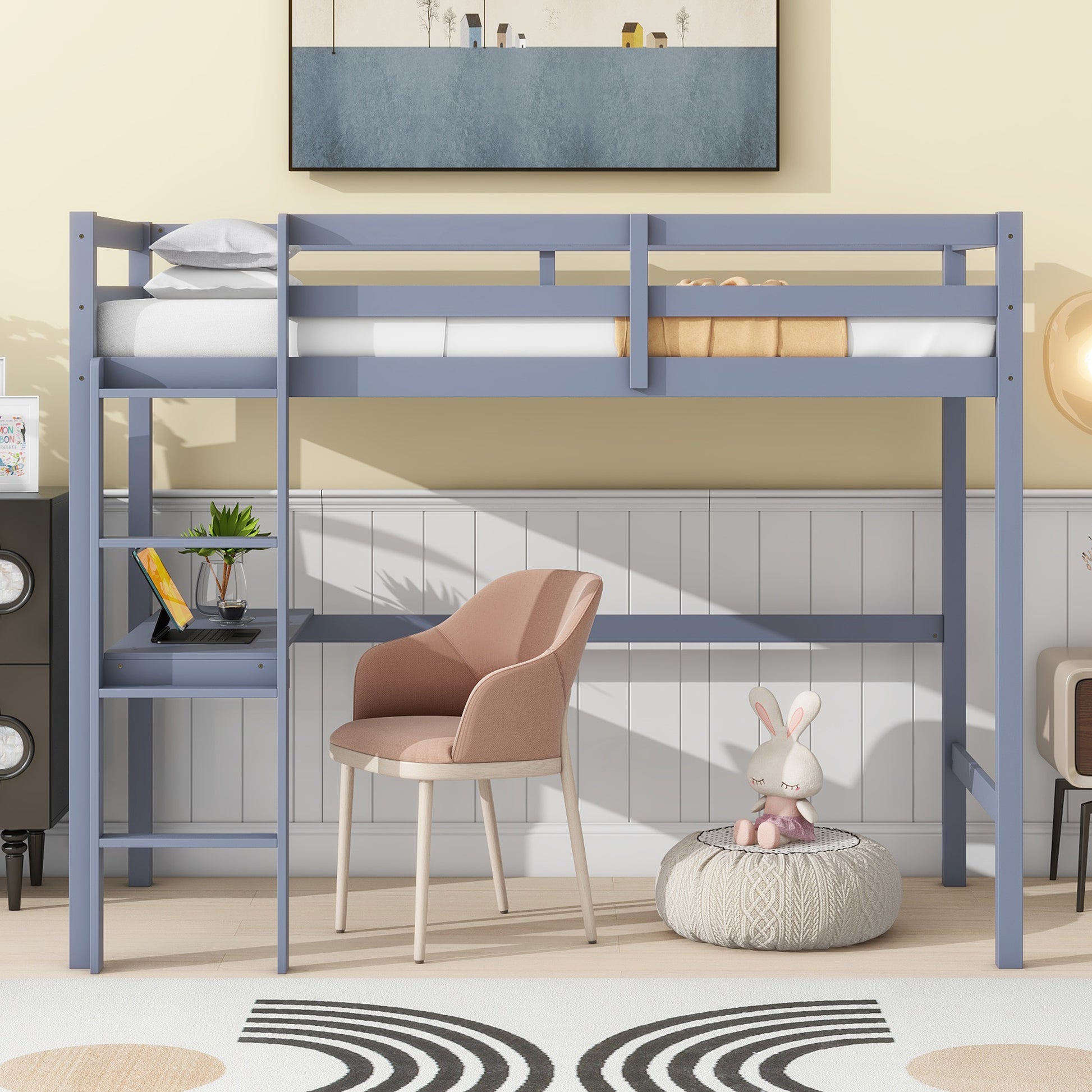Twin High Loft Bed, Rubber Wood Loft Bed With Safety Guardrail, Built In Desk, Ladder,Grey Twin Grey Rubber Wood
