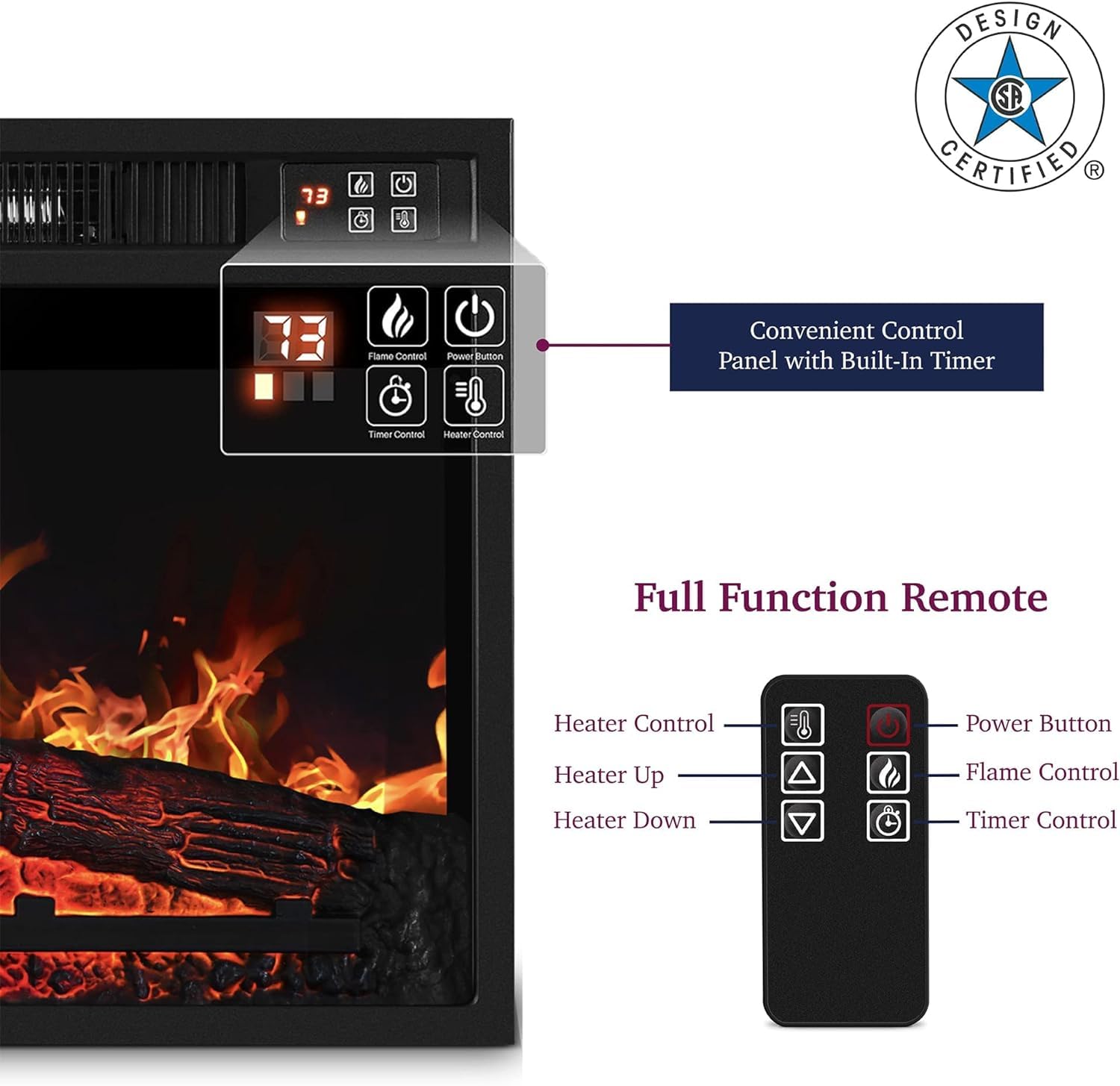 23" Electric Fireplace, 3Dinfrared Black Fireplace Electric Insert Heater, With Ir Remote Control, Glass View, Adjustable Realistic Logs & Flames, Indoor, 1400W Black Iron