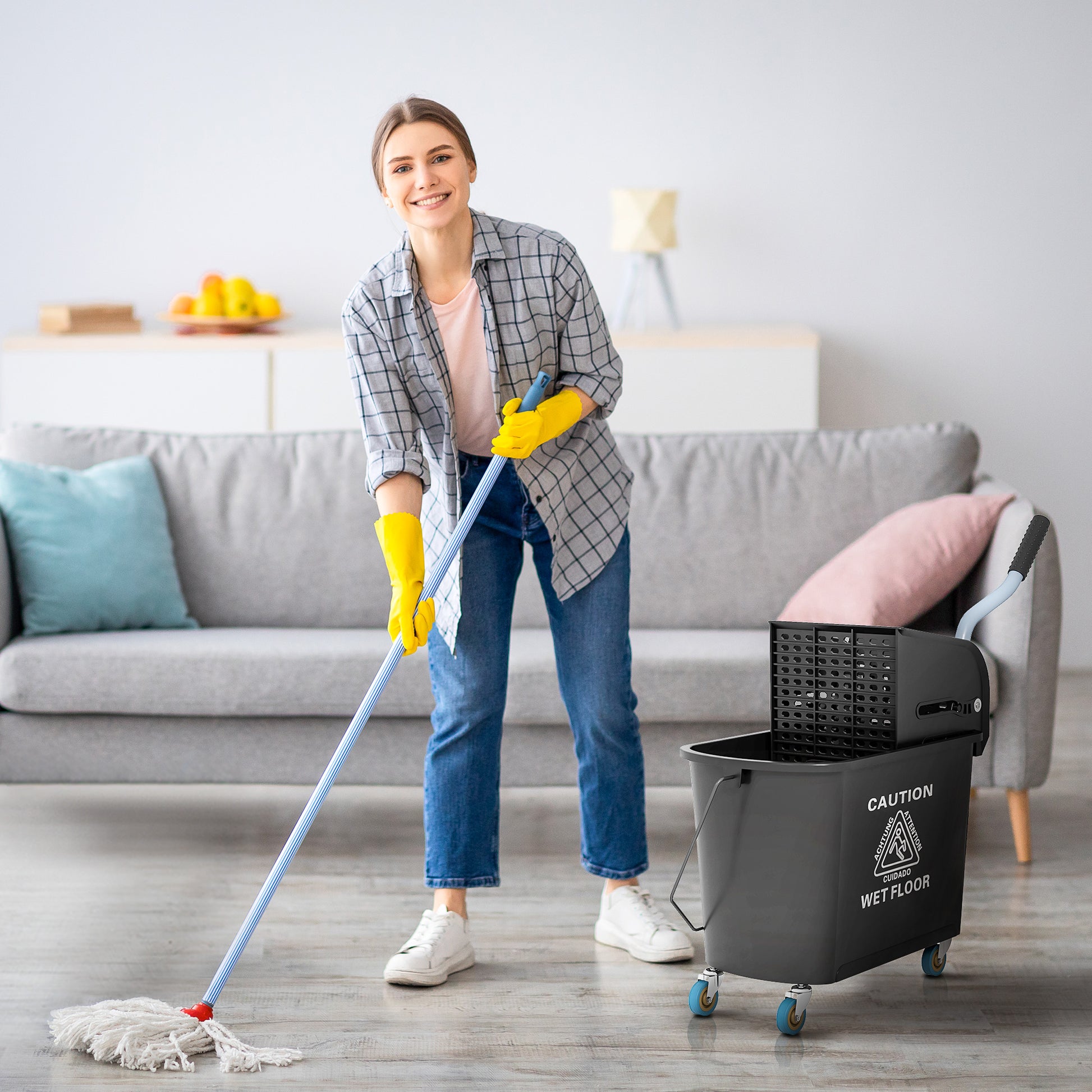 Homcom Mop Bucket With Wringer On Wheels For Floor Cleaning, 21 Quart, Separate Dirty And Clean Water, Black Black Plastic