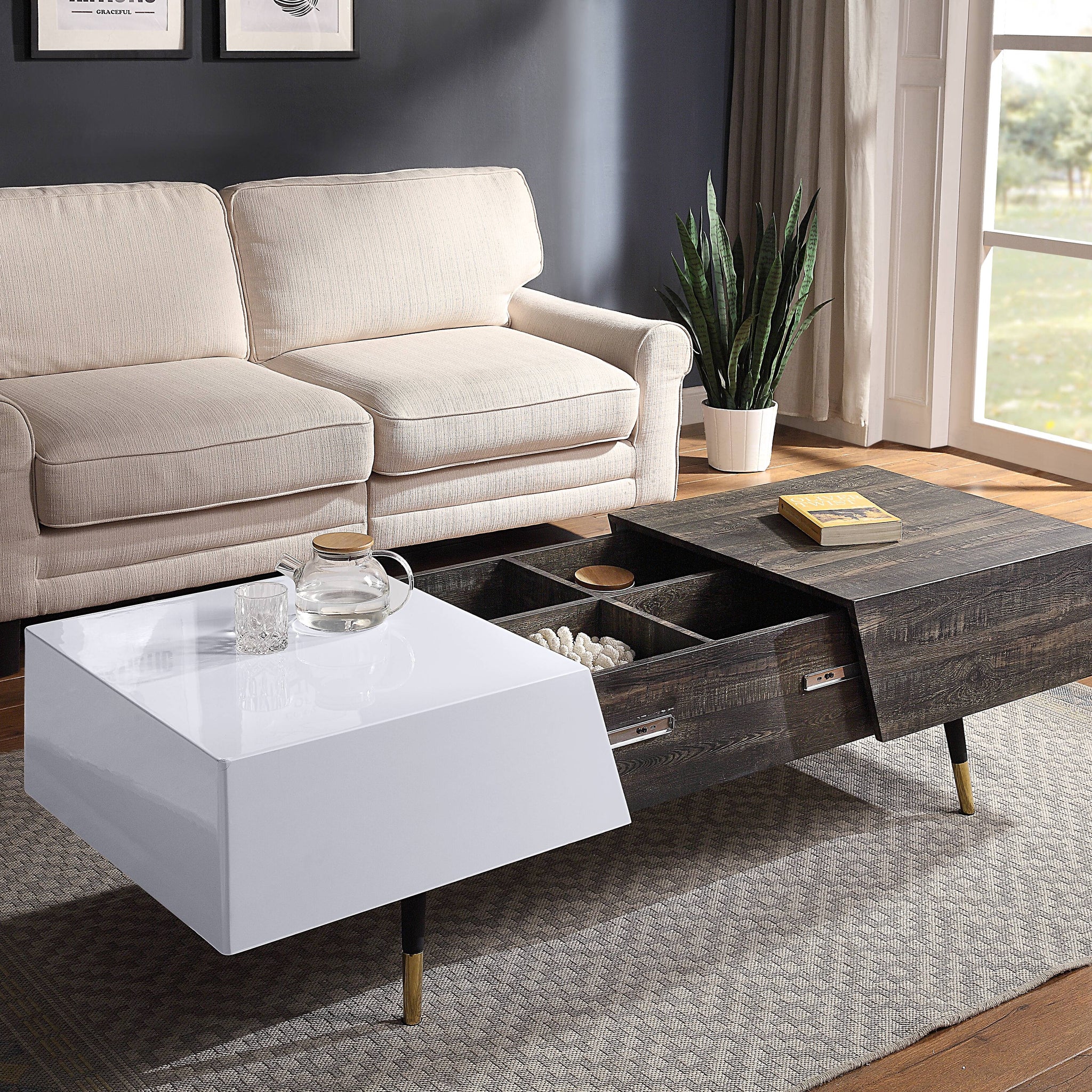 White High Gloss And Rustic Oak Coffee Table With Metal Leg White Oak Primary Living Space Rectangular Wood Metal