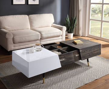 White High Gloss And Rustic Oak Coffee Table With Metal Leg White Oak Primary Living Space Rectangular Wood Metal