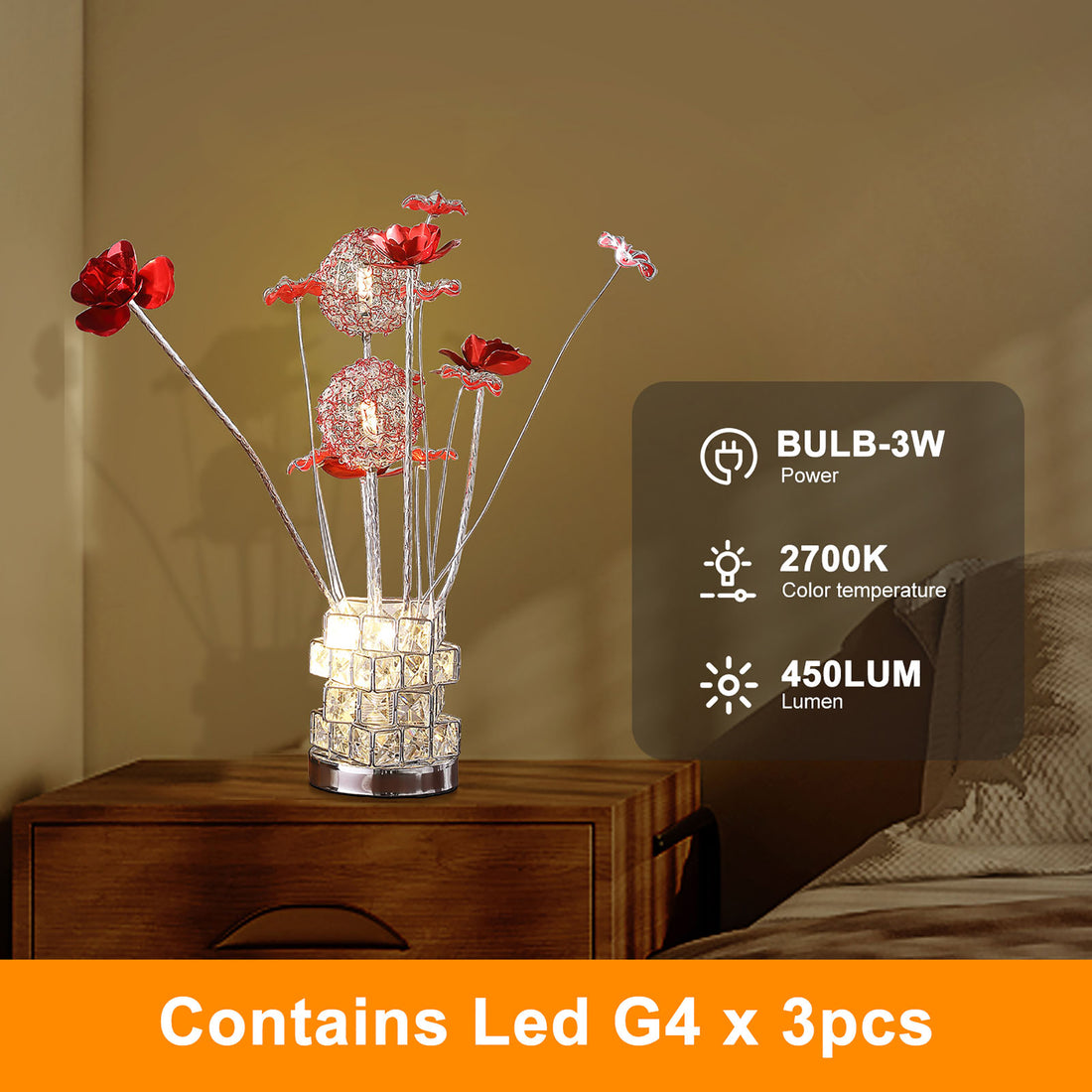 Aluminum 4 Red Roses 6 Petal Floral 2 Red Silver Flower Bud On A 4 Squared Modern Hexagona Chrome Vase Table Lamp For Living Room, Nightstand Bedside Table Lamp For Bedroom, Led Lamp Multicolor Aluminium