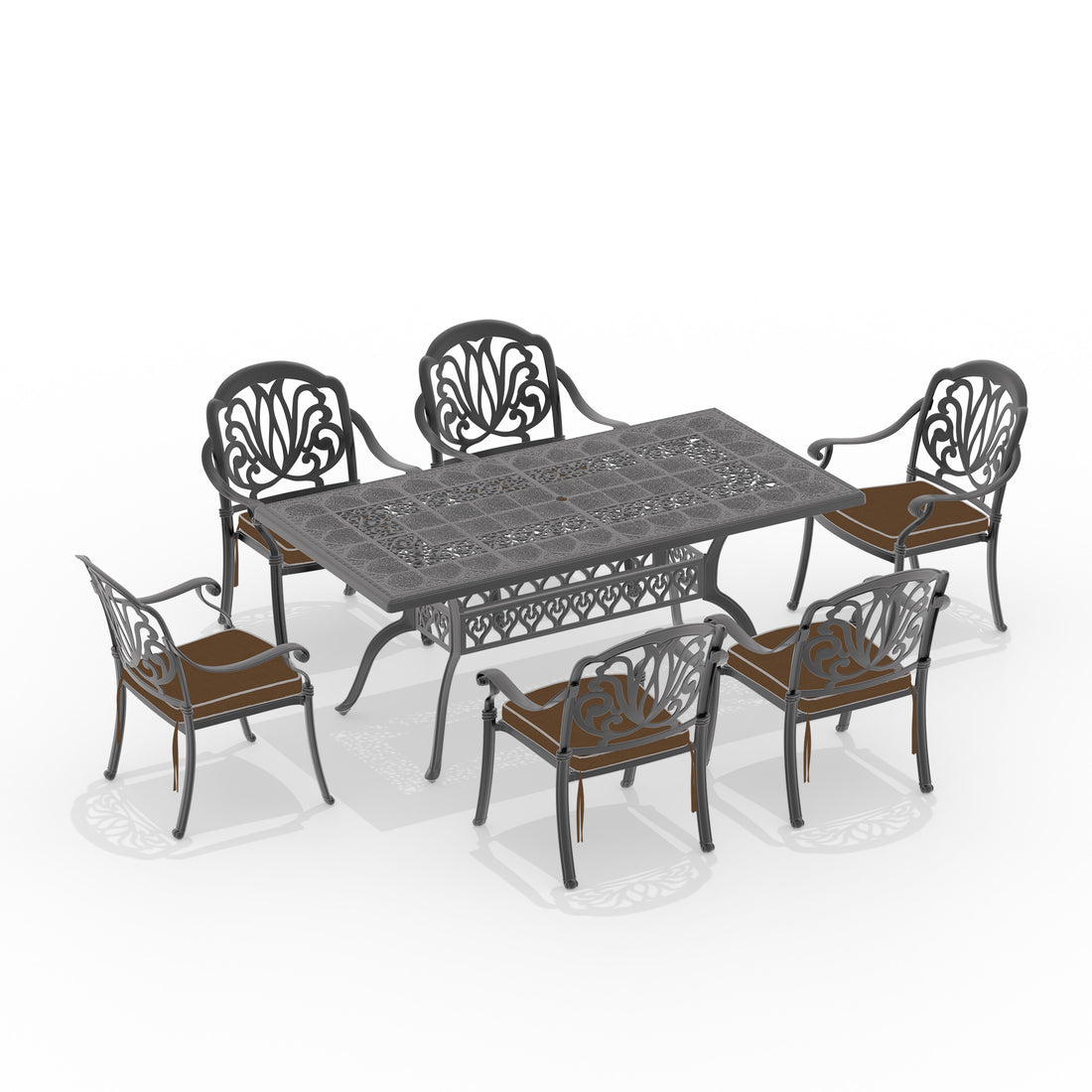 Cushions In Random Colors 7 Piece Set Of Cast Aluminum Patio Furniture With Cushions Yes Dining Set Black Seats 6 Rust Resistant Frame Water Resistant Cushion Garden & Outdoor Complete Patio Sets