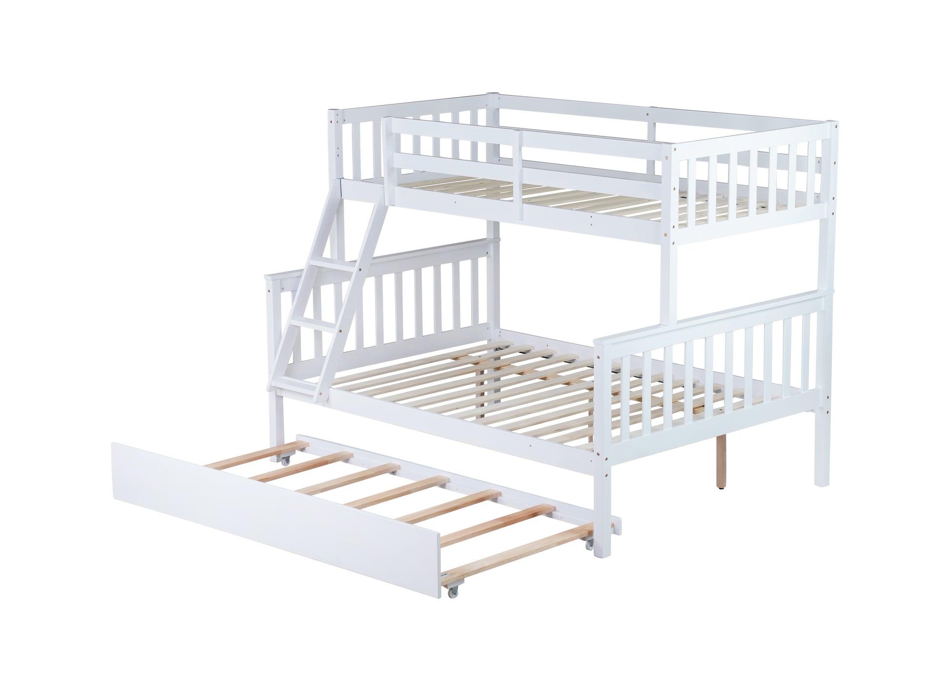 Twin Over Full Rubber Wood Bunk Bed With Trundle, Convertible Ladder And Guardrail, Detachable, Convertible Bed, With Twin Size Trundle ,White Twin White Rubber Wood