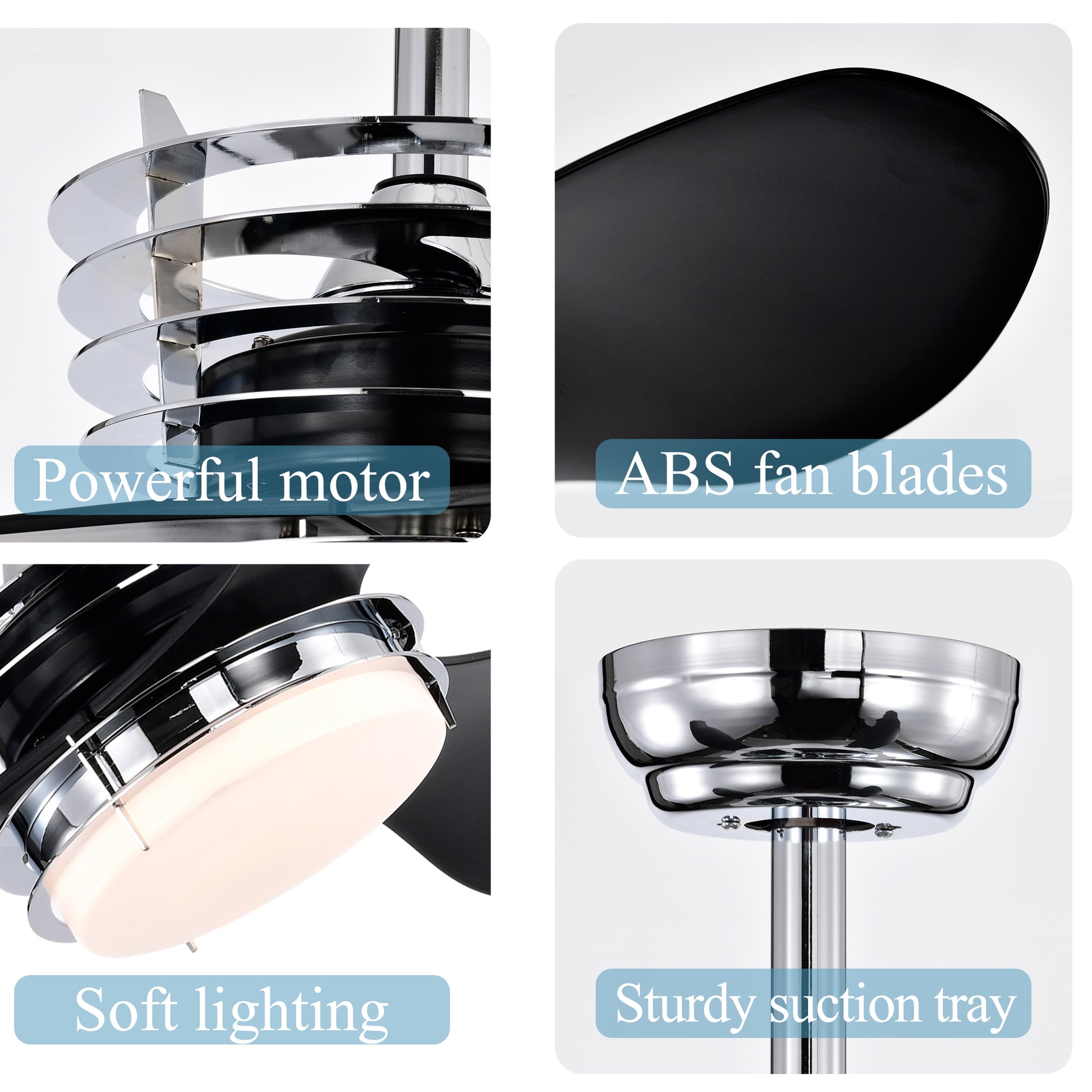 52'' Abs Blades Ceiling Fan With Lights And Dc Remote, Dc Motor Modern Ceiling Fan With 3 Abs Fan Blades & 2 Down Rods, Indoor Ceiling Fan With Light For Bedroom,Living Room Chrome American Design Abs Metal