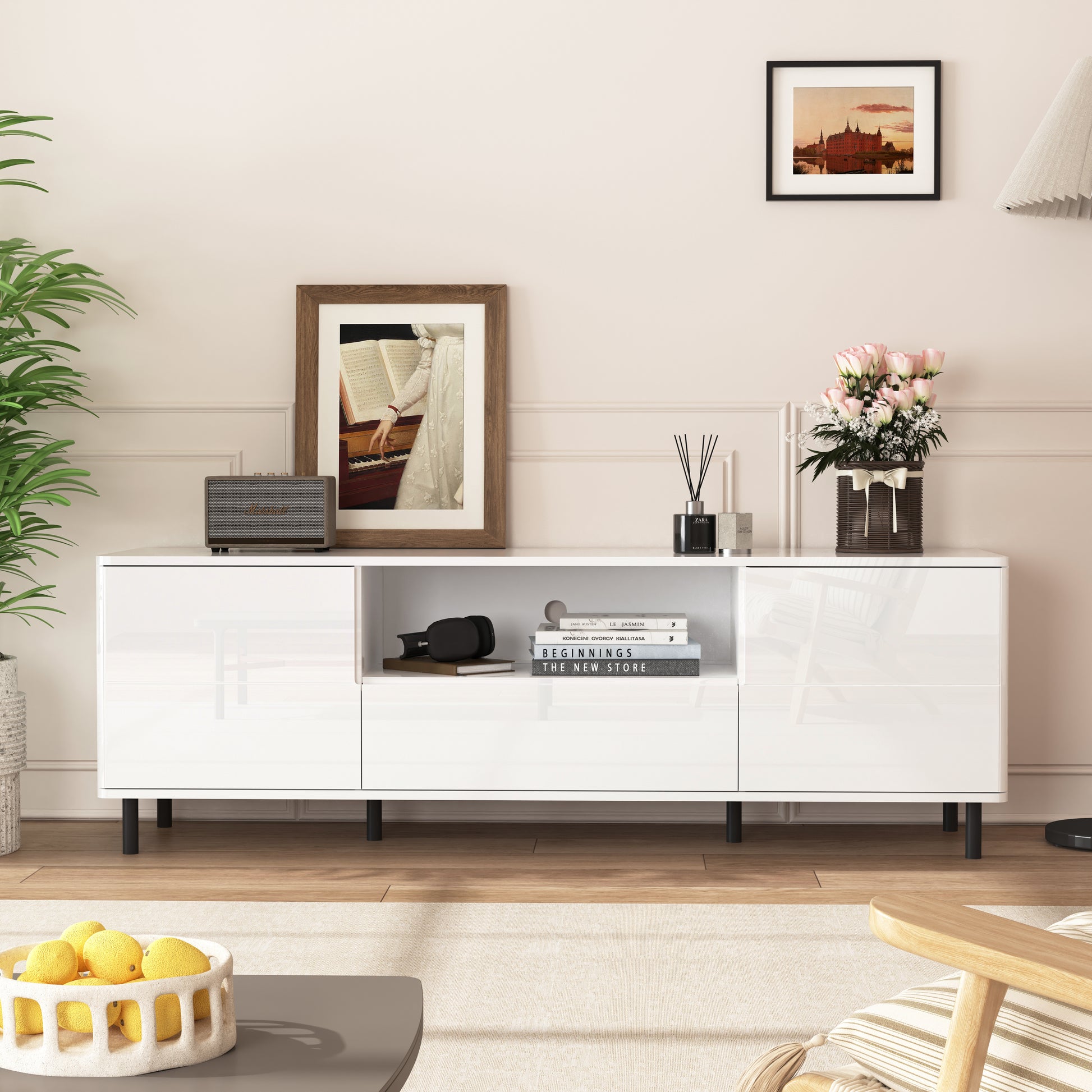 High Gloss Panel Modern Tv Console, Tv Stand, Entertainment Center With Storage Shelves,Tv Cabinet For Living Room, Bedroom, Cloud White 63X15.74X19.68 Inch 5 Or More Spaces White Primary Living