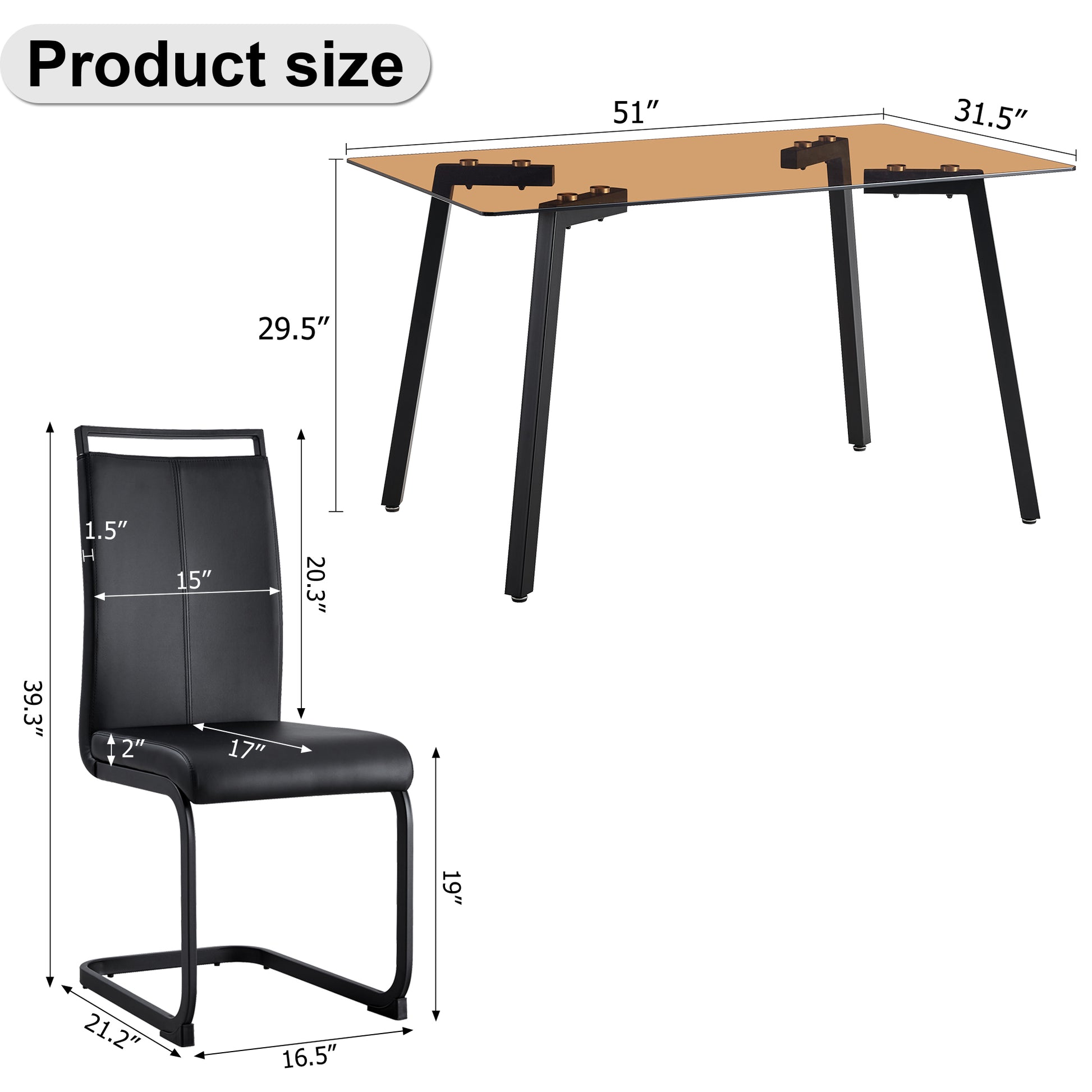 Table And Chair Set. Large Modern Rectangular Table With Brown Glass Top And Black Metal Legs. It Is Equipped With Soft And Comfortable Pu Seats, Faux Leather Upholstered Seats, And Sturdy Metal Legs. Black Seats 4 Glass Metal