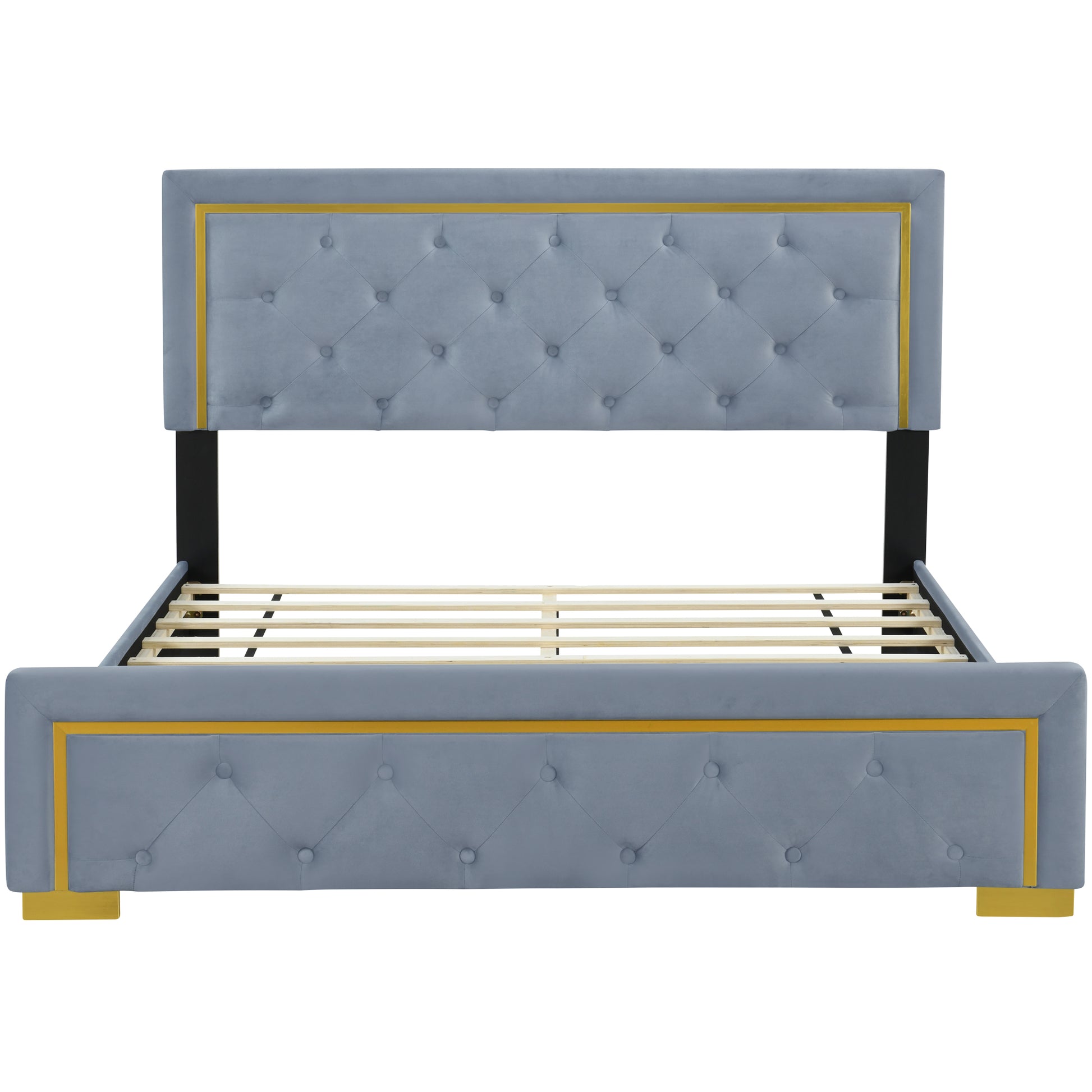Queen Size Upholstered Platform Bed With Pull Point Headboard And Metal Wire Frame At The Head And Foot Of The Bed, Metal Feet, Velvet, Gray Queen Gray Mdf Lvl