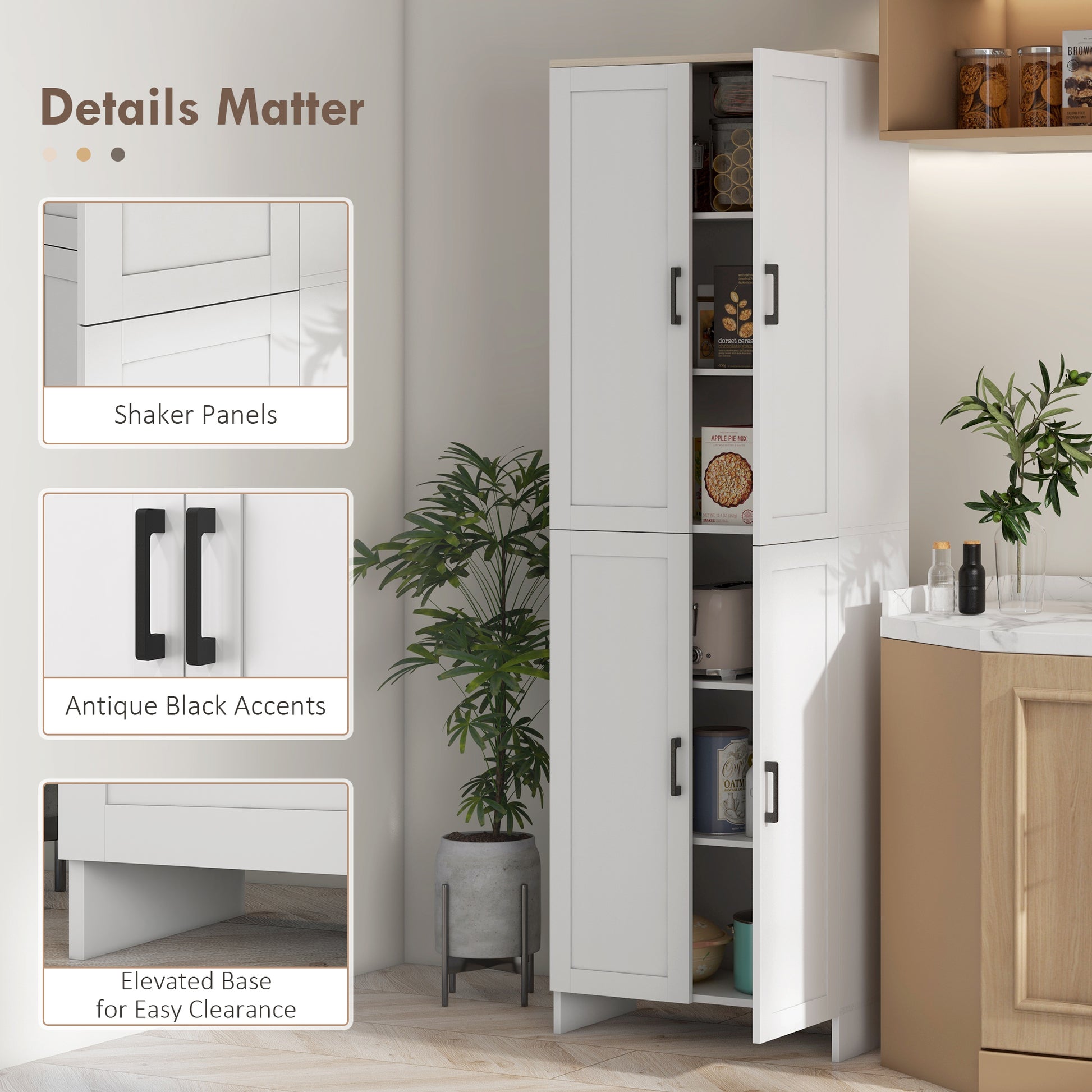 Homcom 72" Freestanding Kitchen Pantry, 4 Door Storage Cabinet Organizer With Adjustable Shelves, Kitchen Cabinet With Doors And Shelves, White White Particle Board