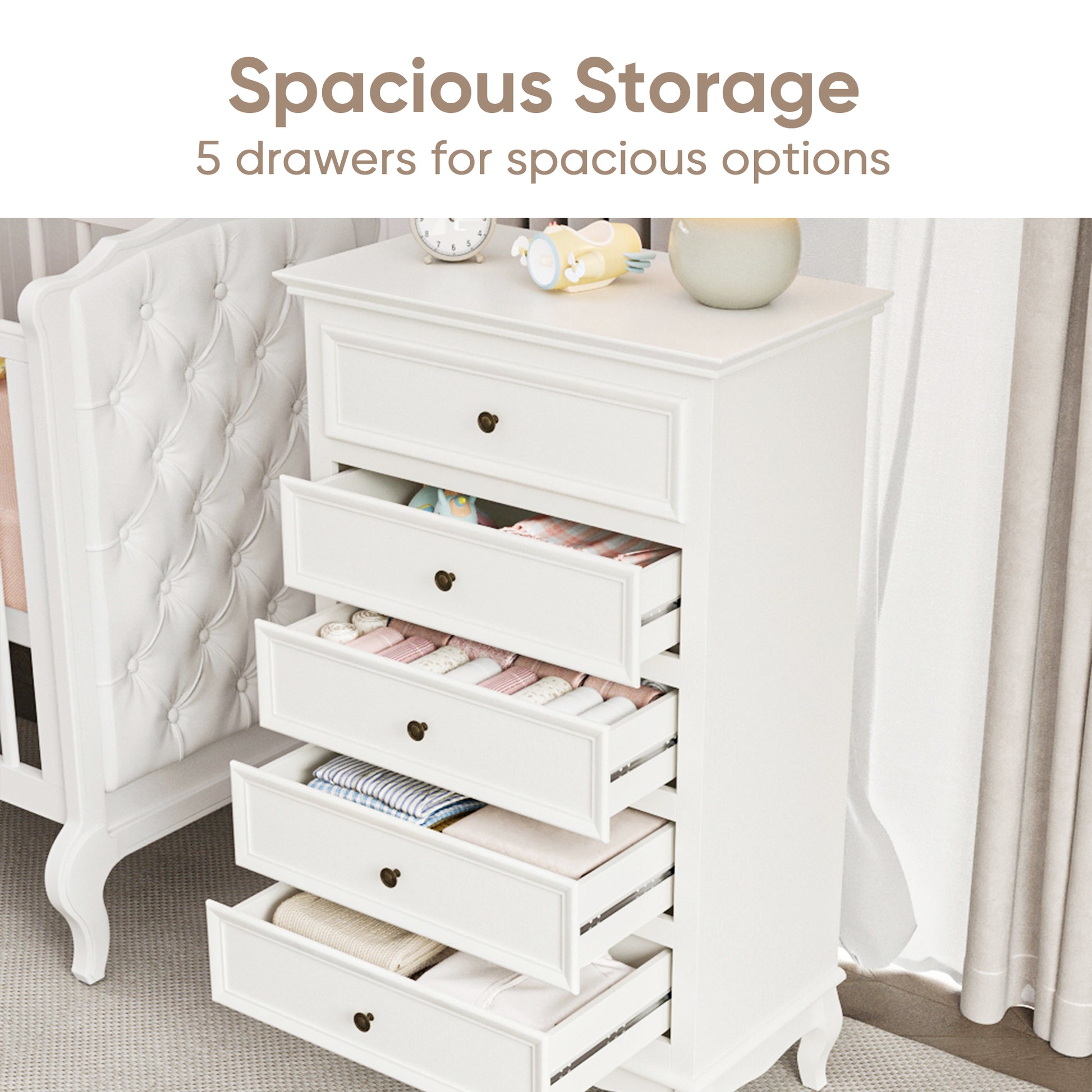 5 Drawer Dresser For Bedroom, Modern Storage Closet Cabinet Organizerwith Solid Wood Legs And Painted Finish White White Wood