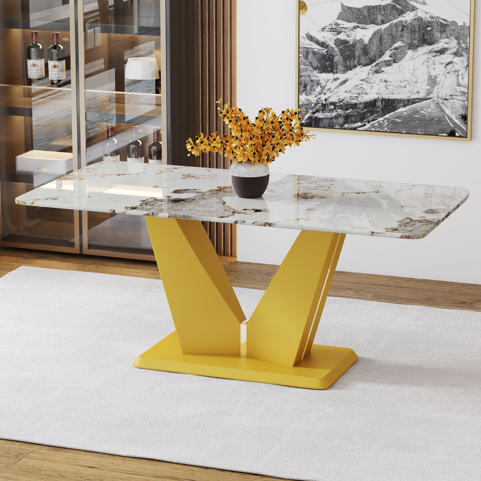 Modern Minimalist Rectangular Dining Table, 0.4 "Thick, Imitation Marble Patterned Glass Tabletop, Gold Mdf Legs. "71" * 35.4" *30" Gold Mdf Glass