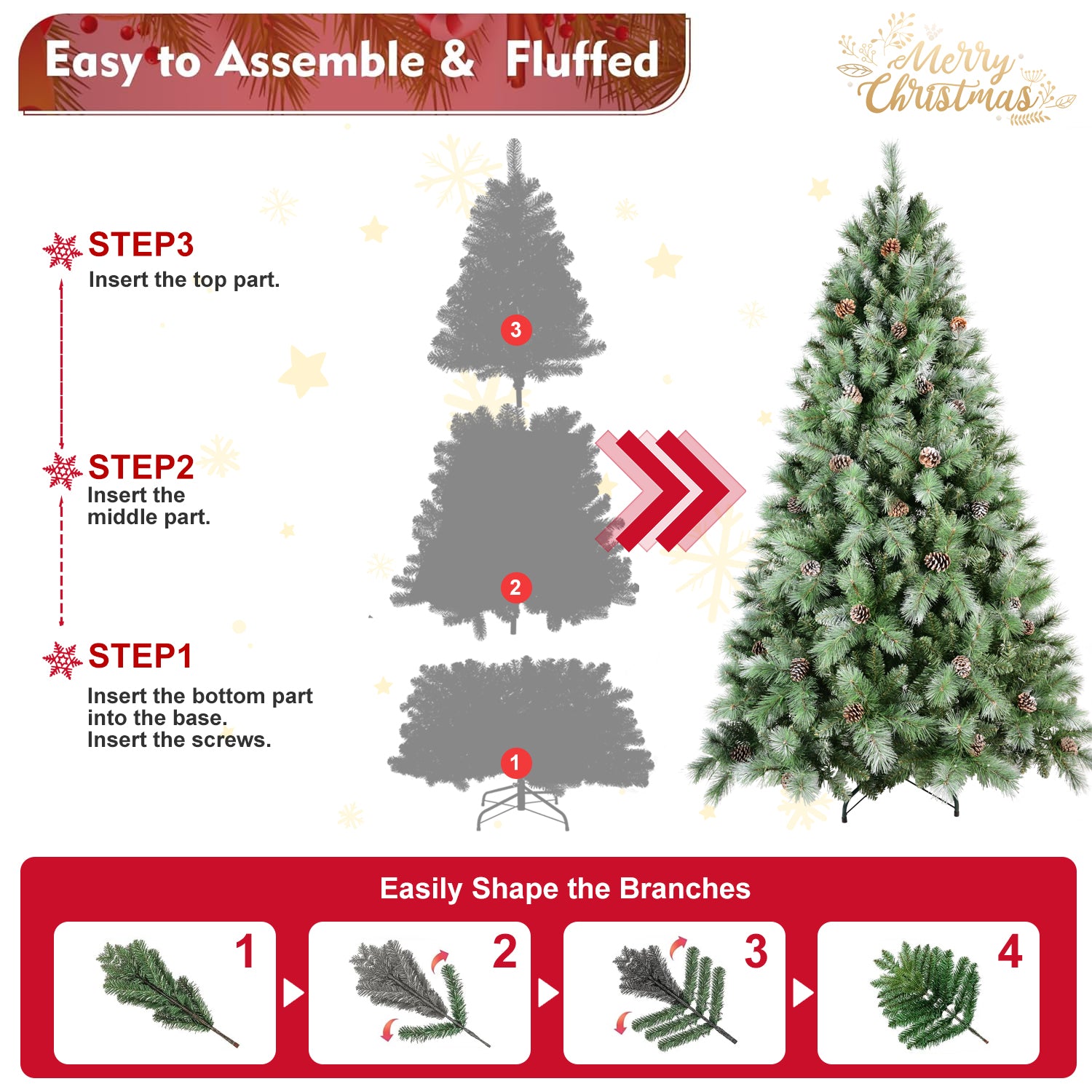 8Ft Scotch Pine Christmas Tree, Premium Frosted Pre Decorated Artificial Holiday Decor W 1,858 Branch Tips, Xmas Trees For Holiday Party Decoration Green Polyethylene