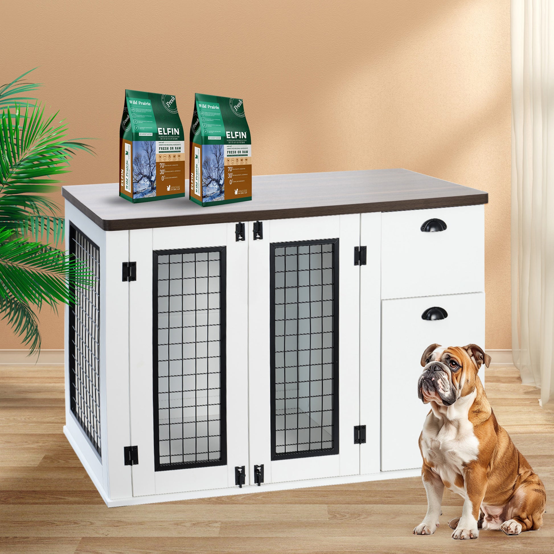 Furniture Style Dog Cage, Wooden Dog Cage, Double Door Dog Cage, Side Cabinet Dog Cage, Dog Crate White Deep Walnut American Design Particle Board