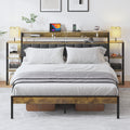 King Bed Frame With Storage, Platform Bed King Size With Led Lights And Charging Station, Dark Gray Velvet Headboard With Bookcase Shelves, No Box Spring Needed, Noise Free Box Spring Not Required