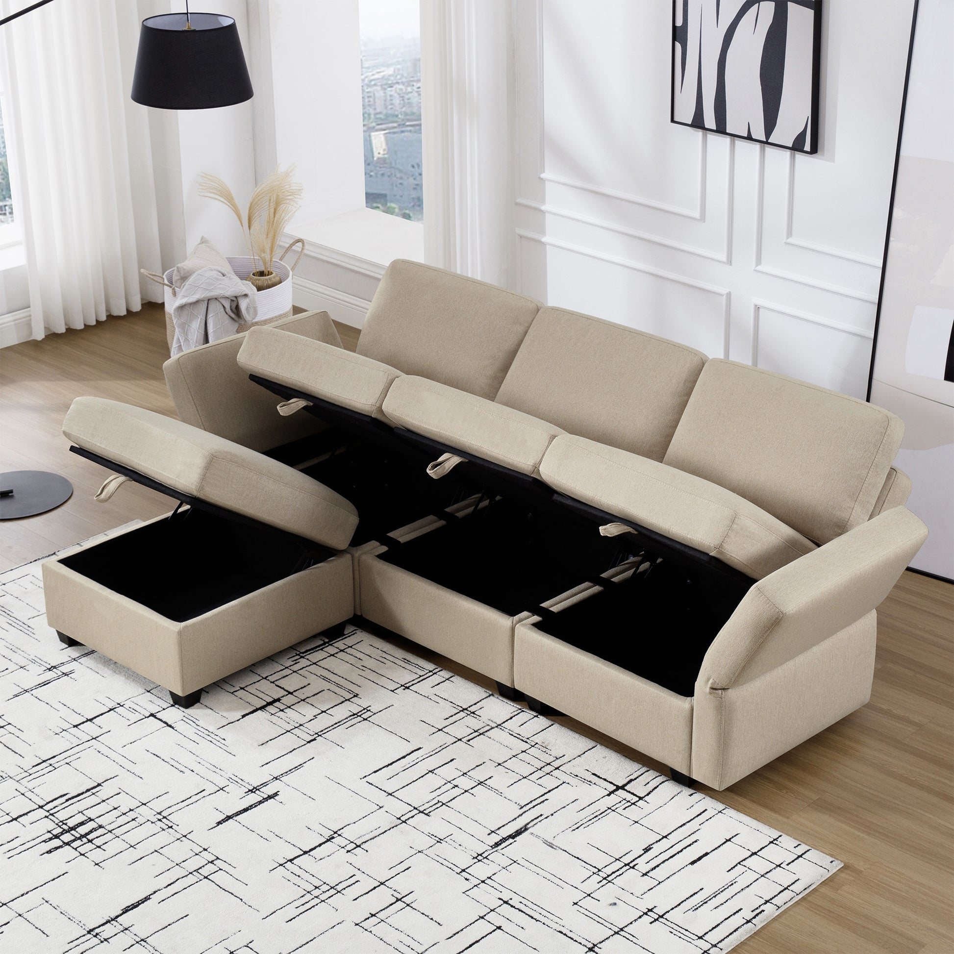 Convertible Sectional Sofa With Chaise, L Shaped Sofa Couch Modular Sectional Sofa With Storage Seats, Adjustable Arms And Backs Beige Beige Polyester 3 Seat
