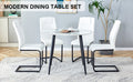 Table And Chair Set. Large Modern White Imitation Marble Patterned Round Table With Black Metal Legs. Nice Minimalism, Comfortable Seats And Black Metal Legs. White Black Seats 4 Glass Metal