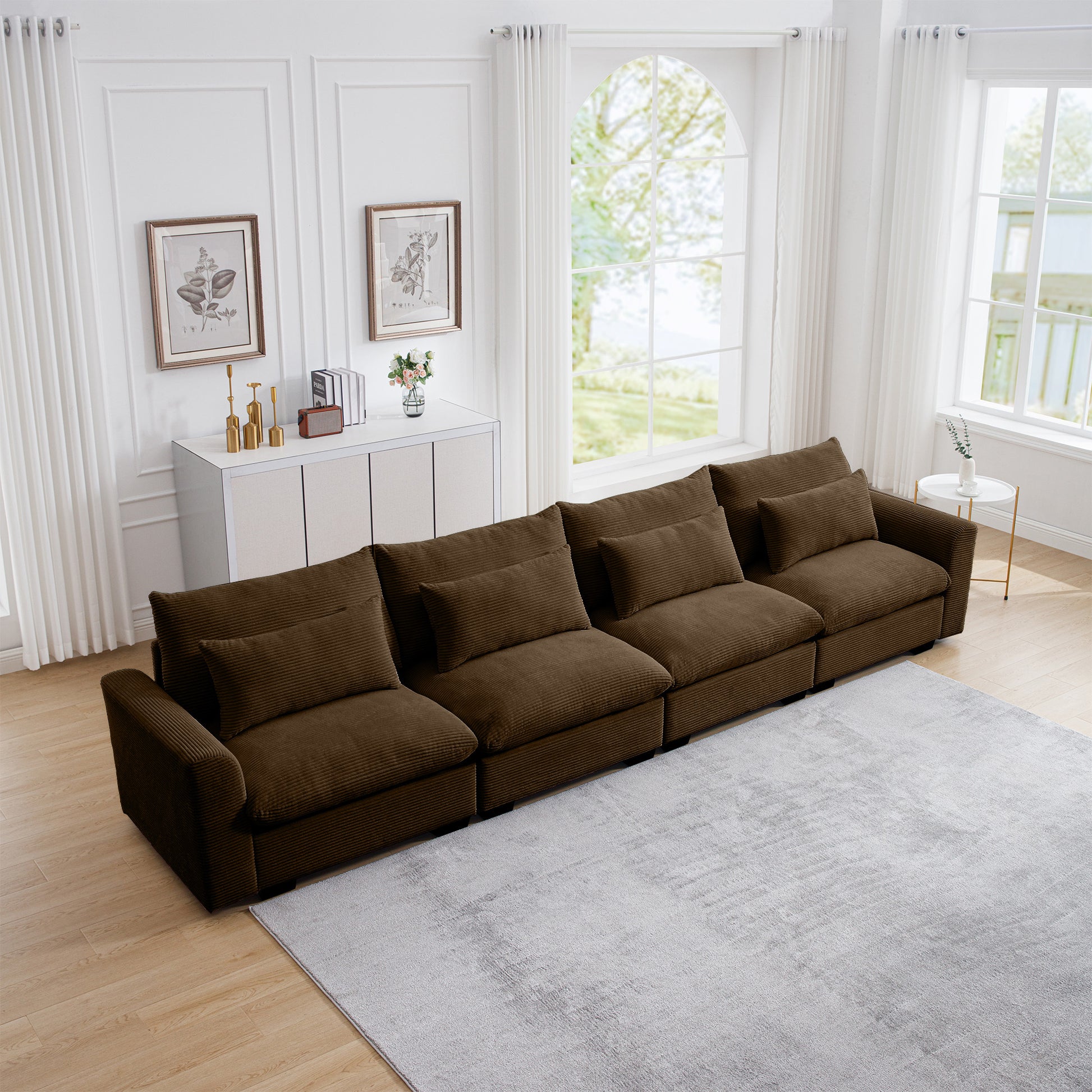 4 Seater Deep Seat Couches For Living Room, Comfy Brown Corduroy Sofas For Living Room Modern With 4 Waist Pillows Brown Corduroy 4 Seat